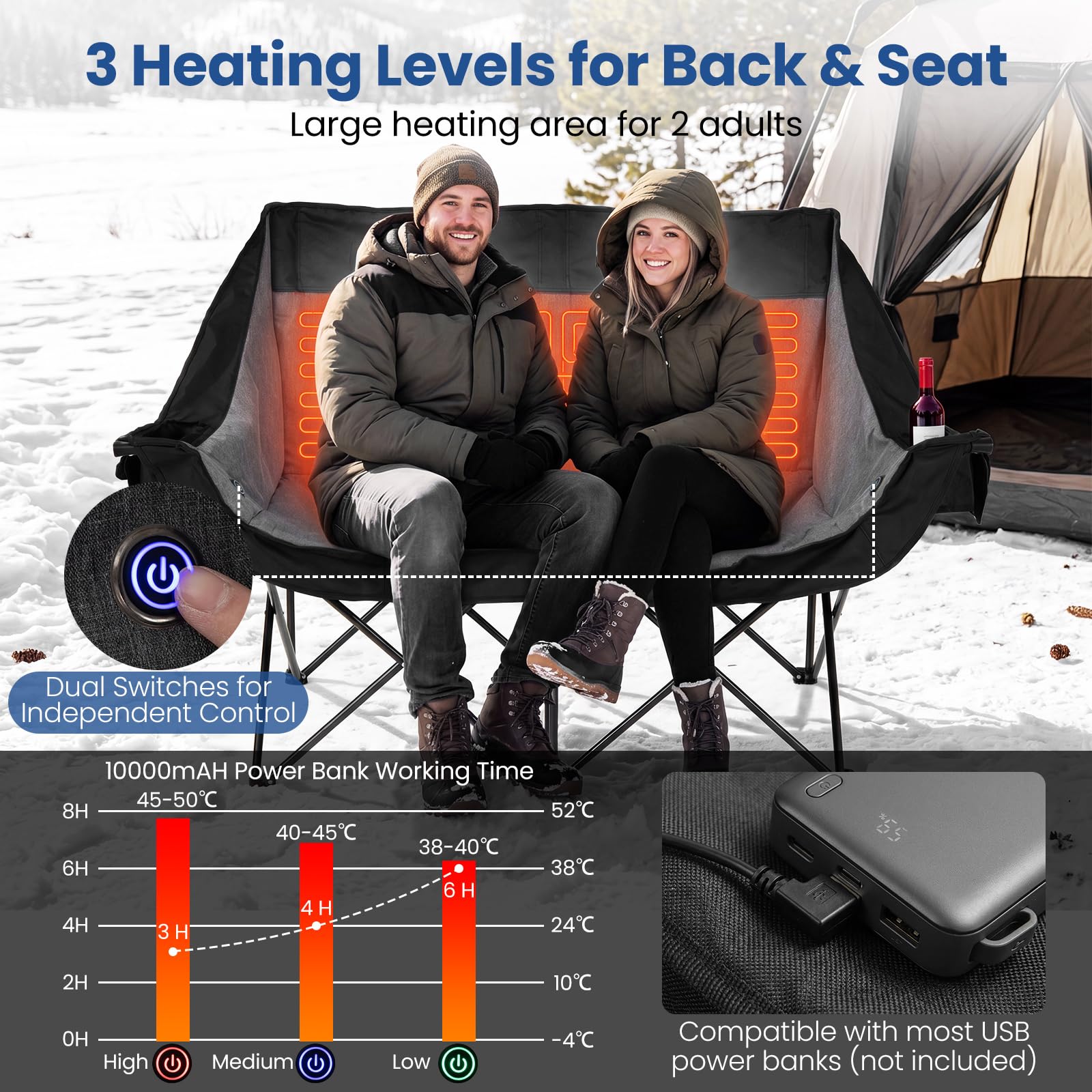 COSTWAY Campingstuhl Faltbar mit Heizung, Campingsofa für 2 Personen | Faltsofa mit 3 Heizstufen & 4 Heizzonen, Campingcouch Gepolstert 300KG Belastbar mit Seitentaschen, Glashaltern