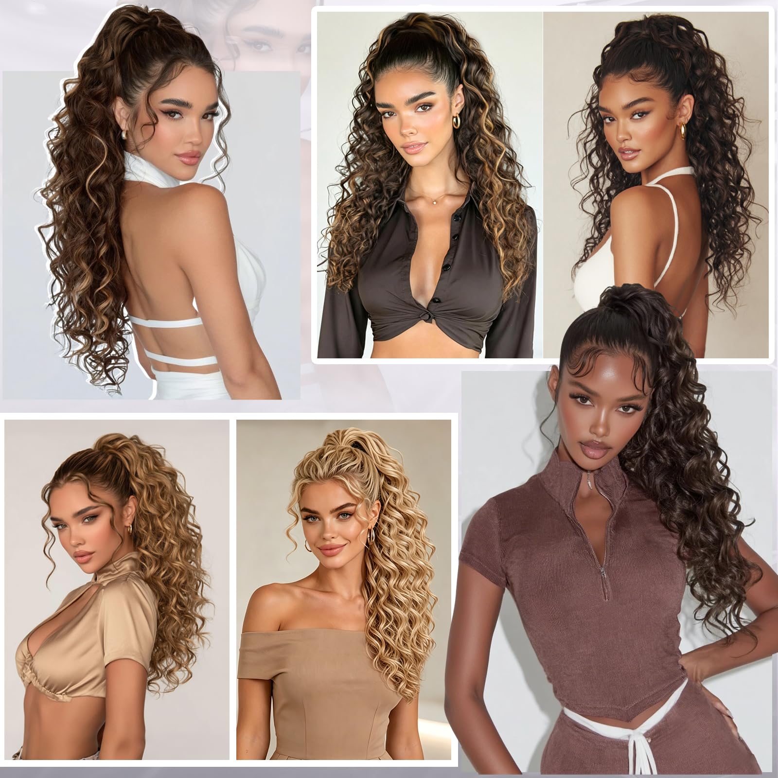 FESHFEN Coletas Postizas Rizado con Pinza - Coleta Postiza Pelo Negro Natural Ondulado Larga Ponytail Clip de Extensiones de Cabello Sintético Cola Postizos para Mujeres, 65 cm
