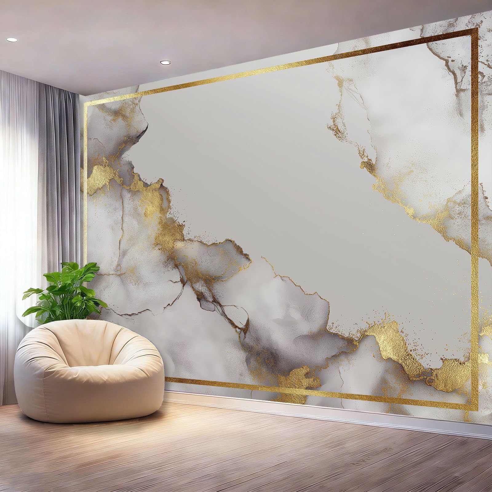 Panoramiczna tapeta 400 x 280 cm, nowoczesny wzór marmuru ze złotymi krawędziami, dekoracja ścienna do garażu i dużego salonu, złota