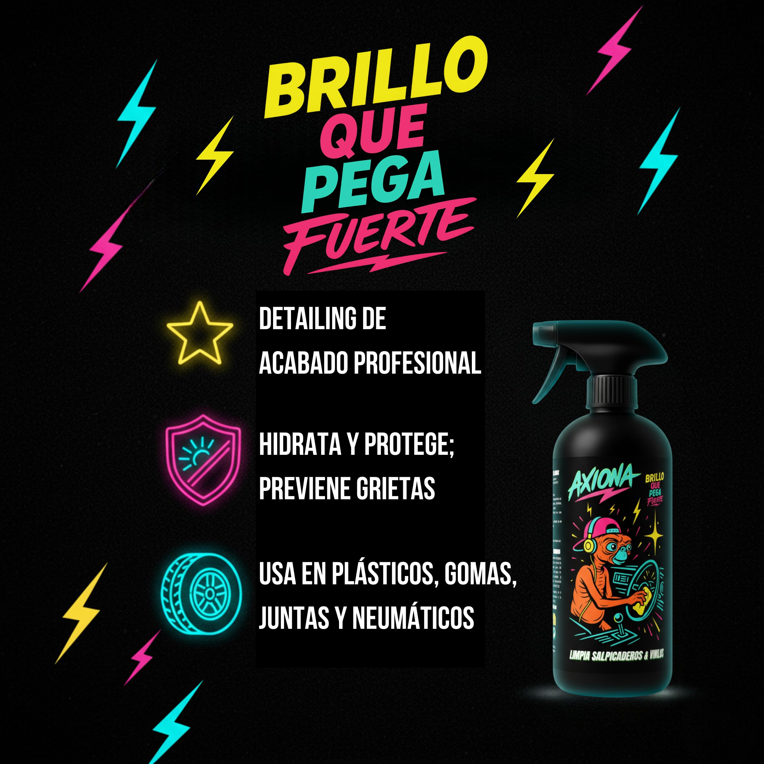 AXIONA Limpia Salpicaderos para Coche 1L, Abrillantador, Renovador Plástico | Efecto Satinado, No Graso, para Neumáticos, Vinilos, Interiores y Gomas, Car Detailing Profesional, Anti-Polvo