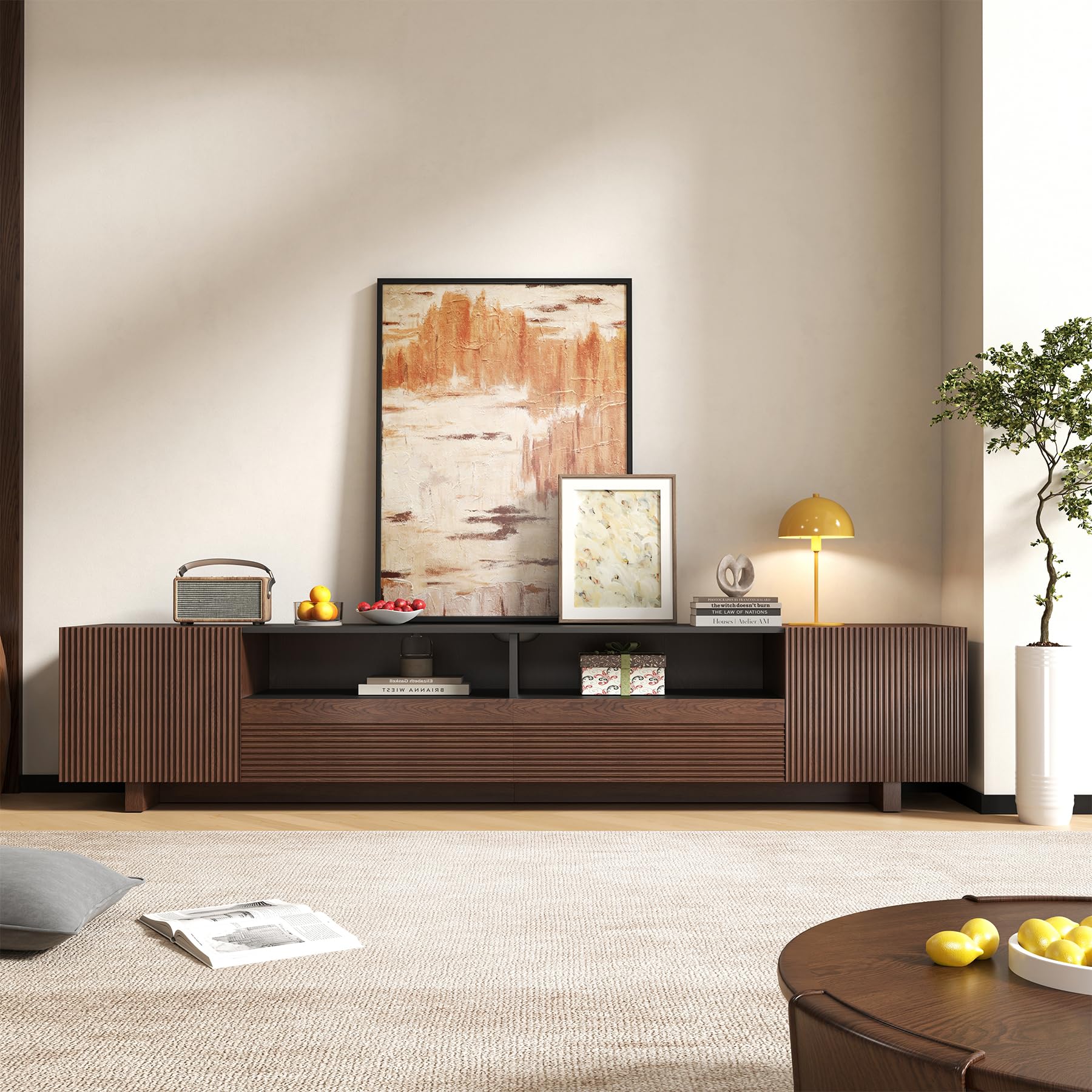 Epecoya 78.8 Inch TV Stand with Storage for Living Room, Dark Brown Walnut