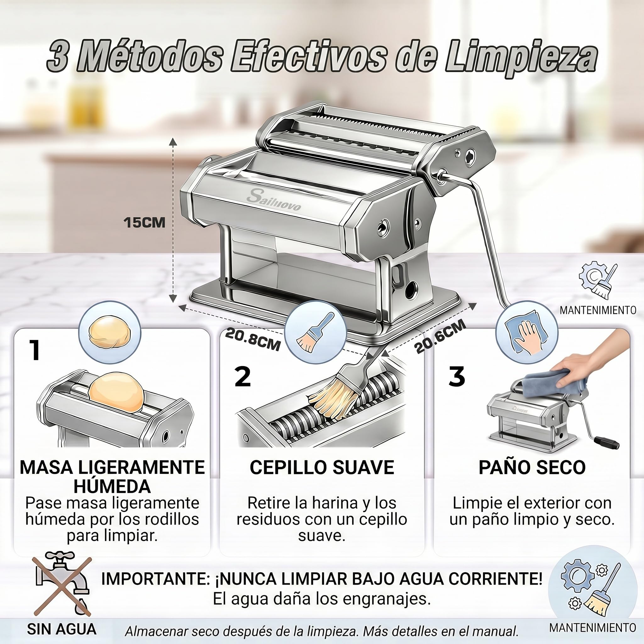 Sailnovo Maquina Para Hacer Pasta, 180 aleación de aluminio Maquina Pasta Fresca, con 9 Ajustes de espesor ajustables y 2 máquinas de corte, Maquina Pasta es muy adecuado para pasta(Plata)