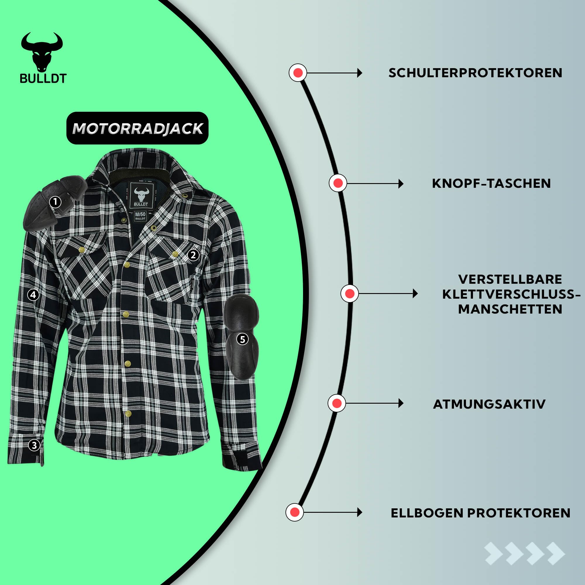 BULLDT Motorradhemd Herren mit abnehmbare CE-Protektoren - Klassisch 100% Baumwolle Holzfäller Flanellhemd - Biker Motorradjacke Hergestellt mit Aramid-Kevlar-Futter - Mit Schutz (EN 1621-1)