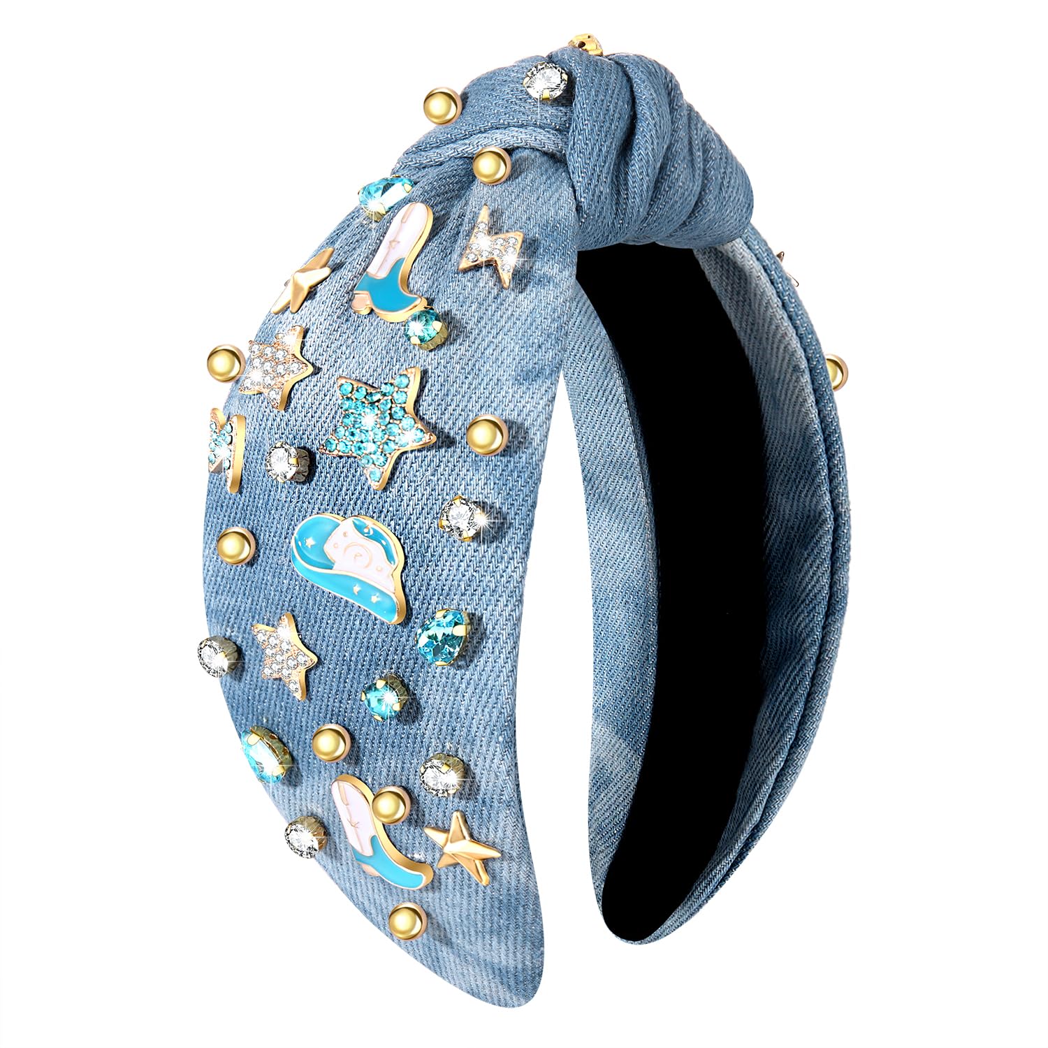 MOLOCH Western Cowgirl Headband for Women Cowboy Boot Hat Stars Knotted Headband Crystal Jeweled Top Knot Hairband Western Country Concert Hair