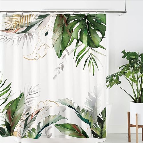 Miniatura 3 de Cortina de ducha verde con hojas de tortuga, juego de baño tropical, cortina de ducha impermeable de tela natural con hojas de plátano, palmeras