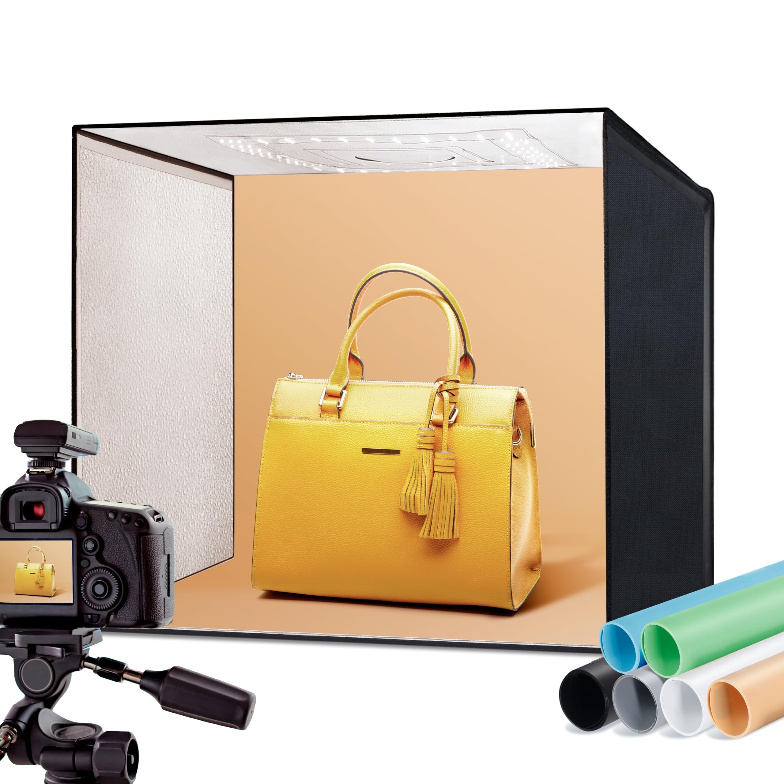 RALENO 50x50cm Scatola fotografica, Kit Tenda Luce da Regolabile Pieghevole da 50W con 120 luci LED (5500 K, 97 CRI) e 6 PVC Colori Fondali
