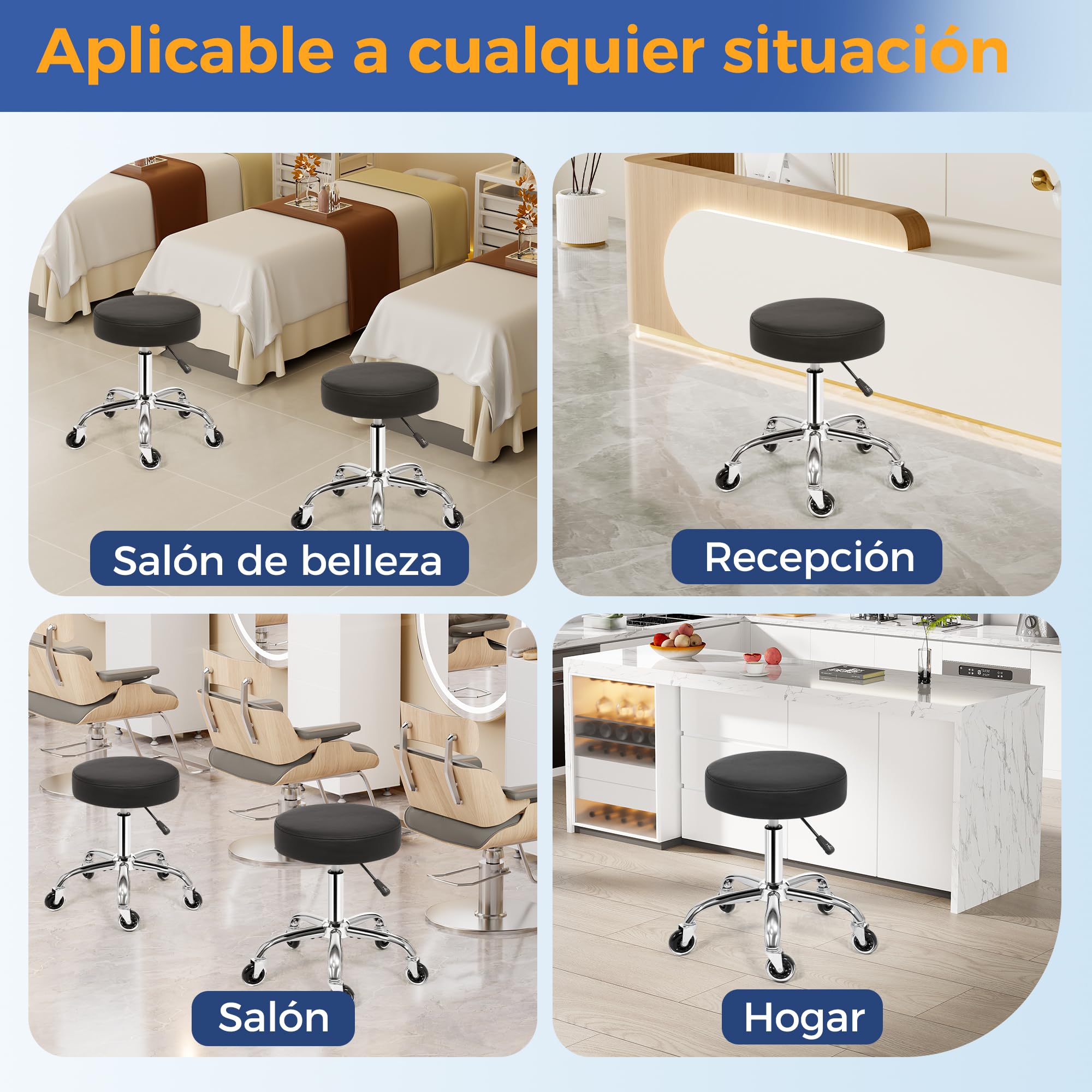 ANWBROAD Taburete con Ruedas, Taburete Giratoria de 360°, Regulable en Altura, Asiento Acolchado,Carga 205 kg, para salón de Belleza, Spas, clínica Negro WSC001B
