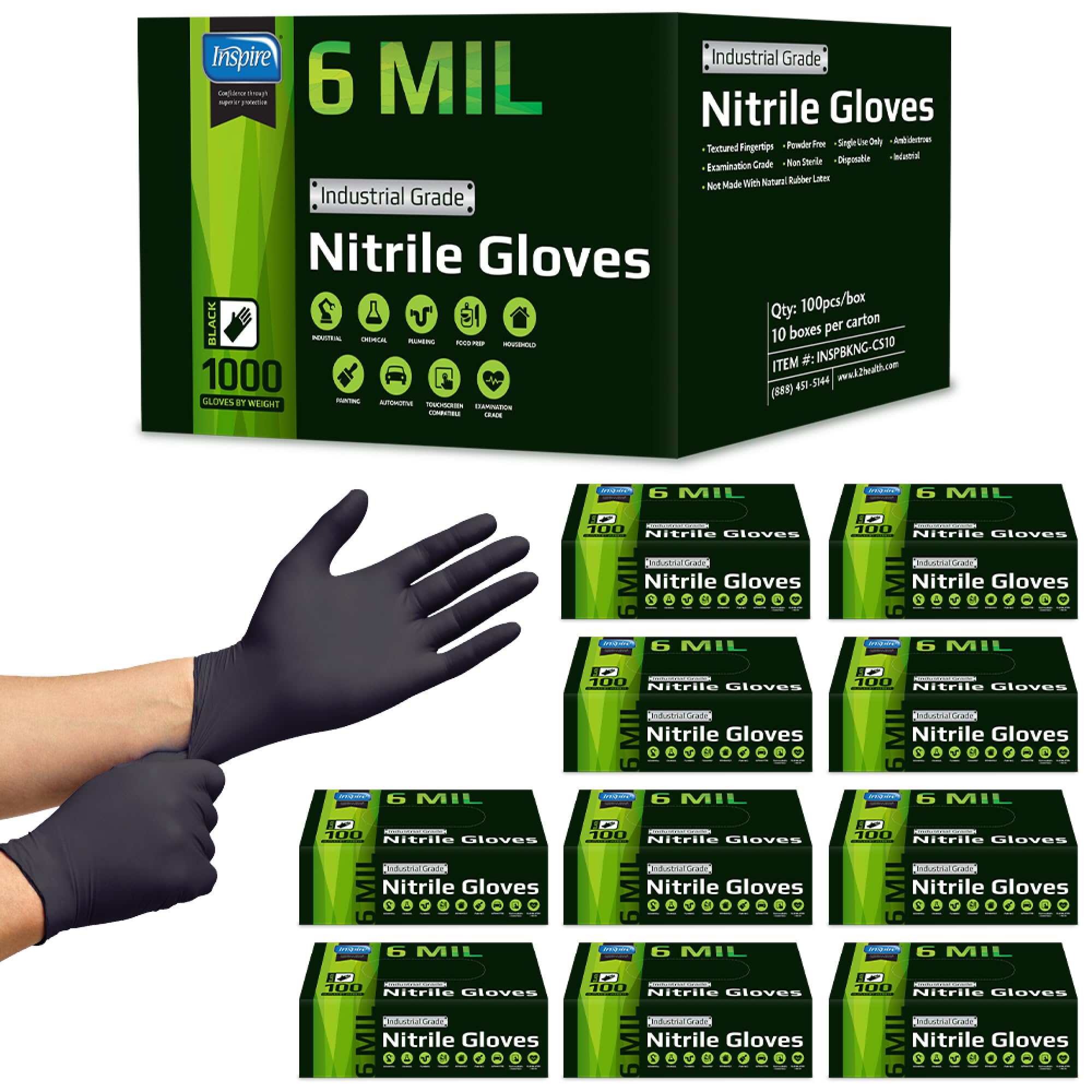 Inspire Guantes de nitrilo negros | Guantes desechables de nitrilo negro en calidad original de 6 mm | Guantes desechables | Guantes de limpieza para tatuajes de alimentos