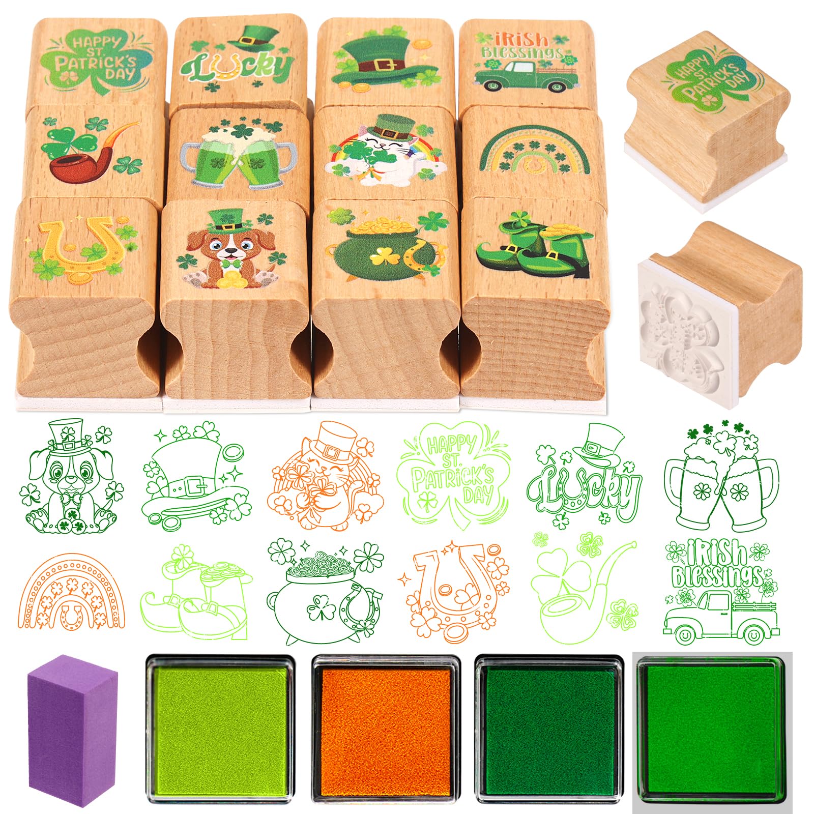 HOWAF 12pcs St. Patrick's Day Stamps Crafts St. Patrick's Day Lucky Clover Shamrock Wooden Stamps Ink Pads Set, Irish Green Party Card DIY Painting Scrapbooking Spring Crafts Gifts Activities