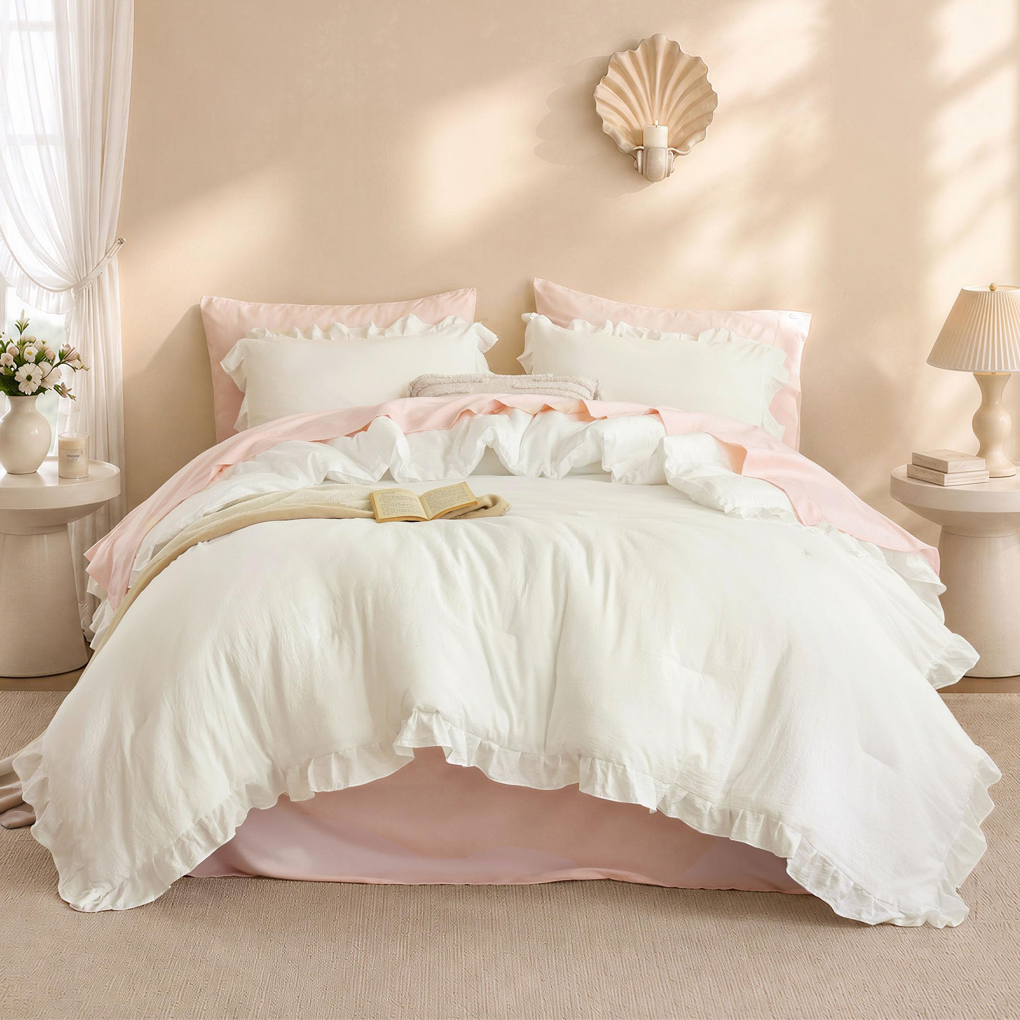 JANZAA Cream White Comforter Set King, Ruffle Soft Bedding