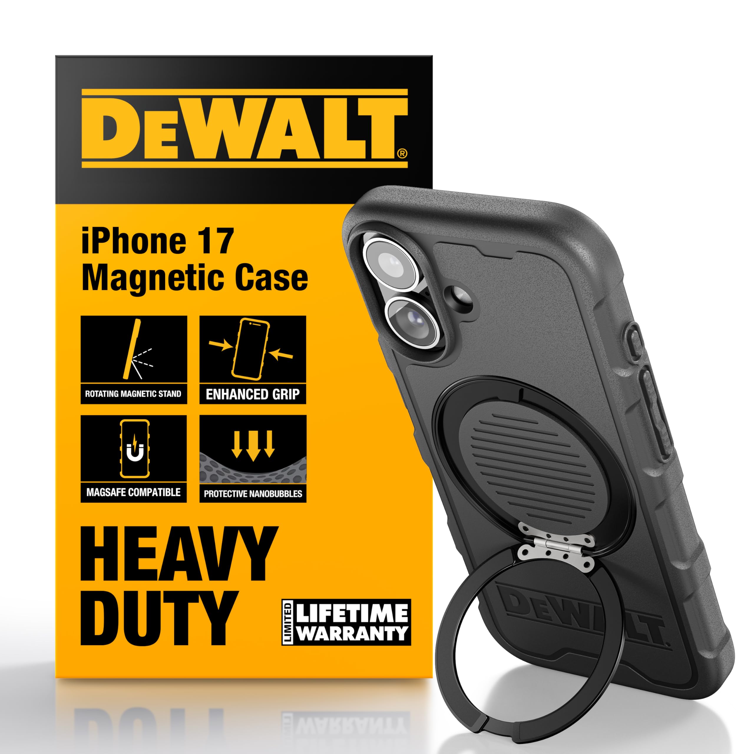 DEWALT Compatible iPhone 17 Magnetic Case with Stand, Rugged Shockproof Cover w/ 360° Rotatable Ring Holder, Compatible with MagSafe iPhone 17 Case Kickstand, Heavy-Duty Protective Black