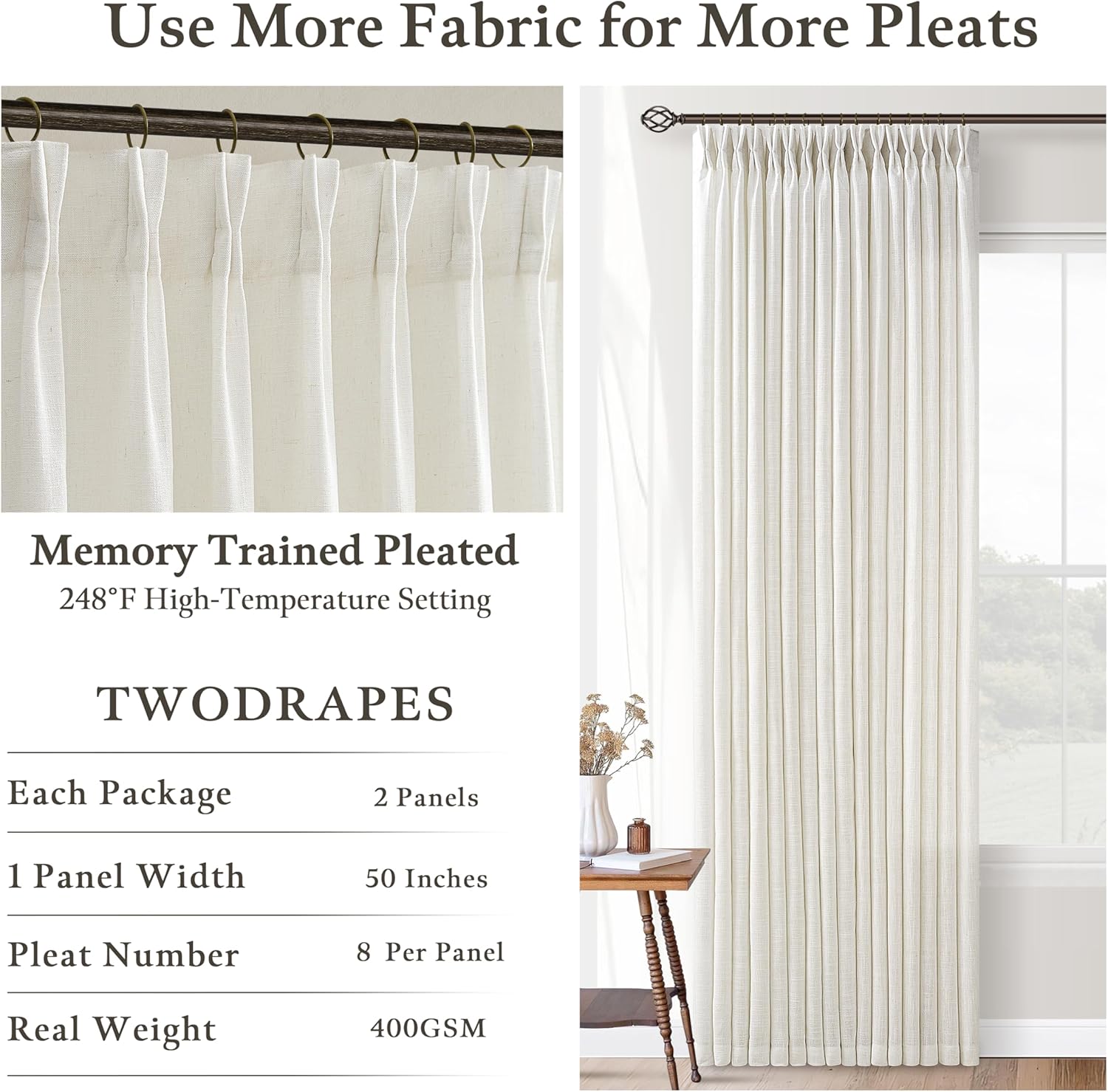 105 Inch Linen Curtains Pinch Pleated for Living Room Dining 2 Panels Set Cream Ivory Pleat Drapes Back Tab Semi Sheer Neutral Boho Ceiling to Floor 105 Inch Curtains for Bedroom Window W50xL105