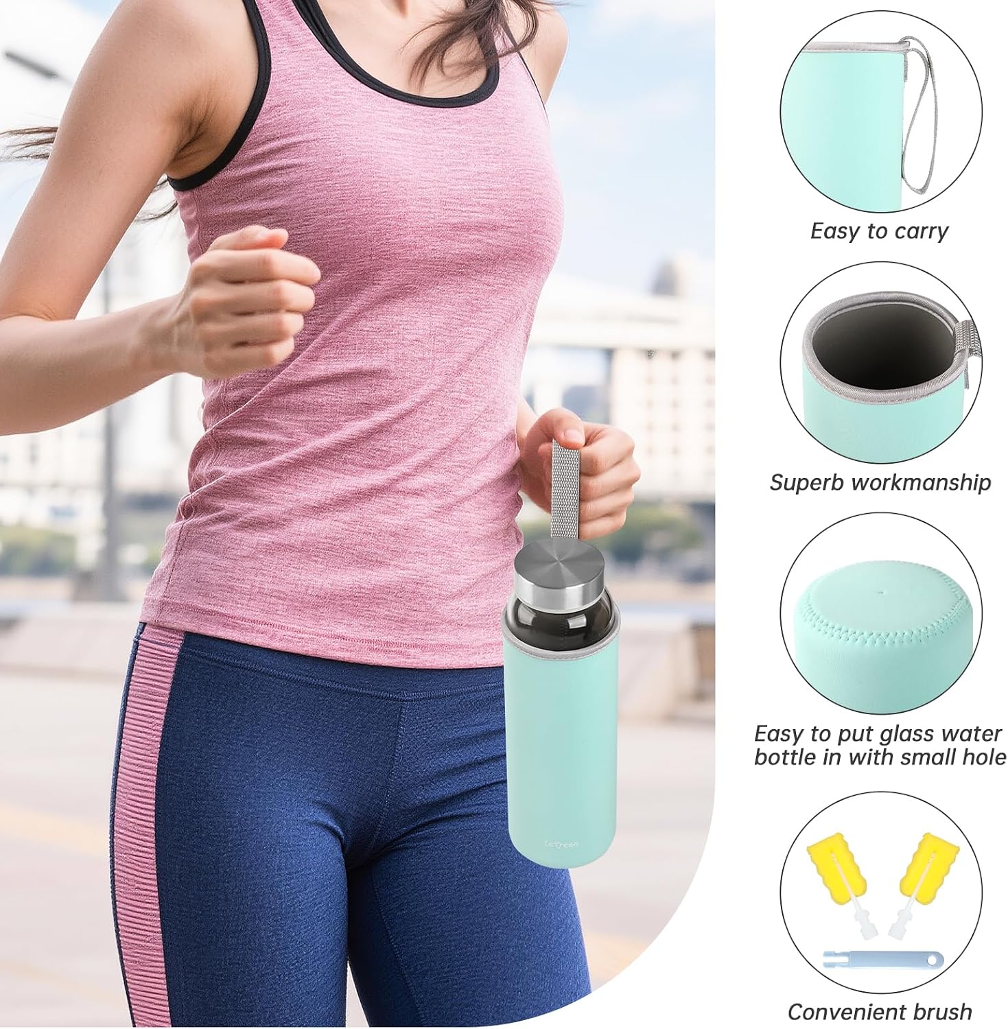 Glass Water Bottle 32 oz, Borosilicate Wide Mouth Glass Water Bottle with Neoprene Sleeve, BPA-Free Leak Proof Reusable for Hot Cold Drinks, Work, Gym, Home, 1 Pack