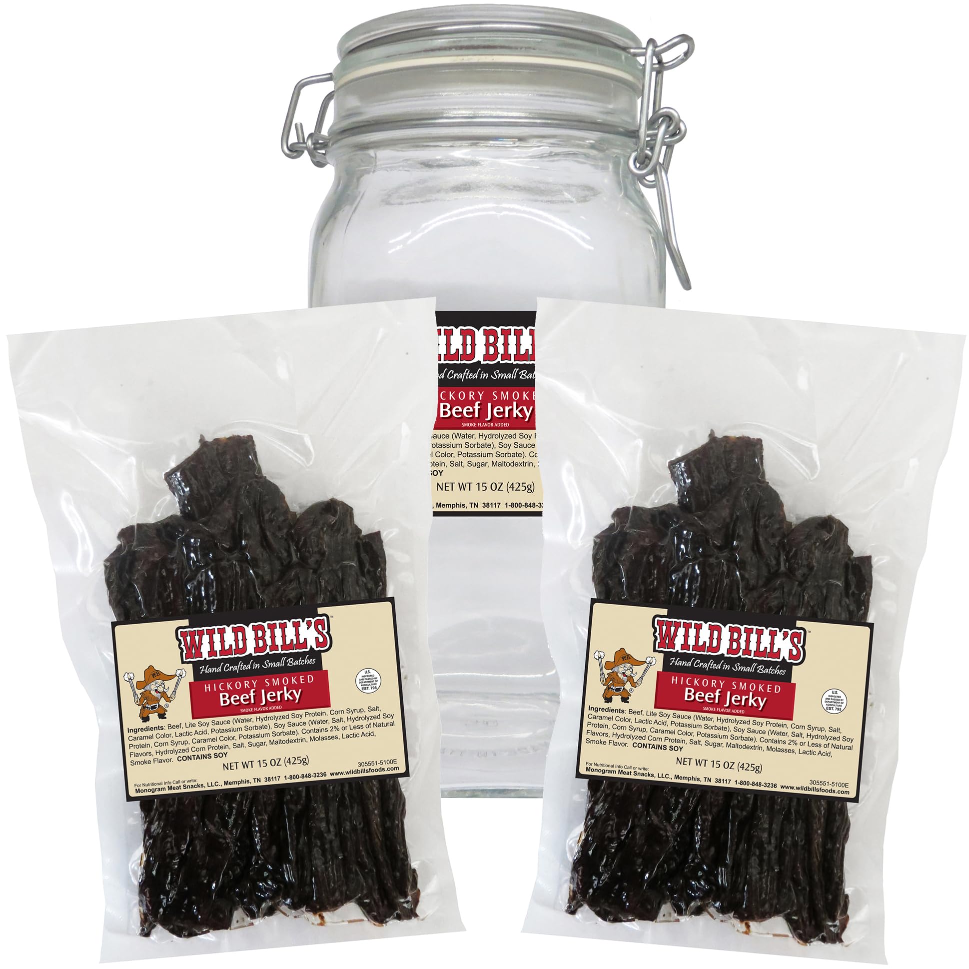 Wild Bill's Original Hickory Smoked Beef Jerky Two-Bag Starter Kit (two 15oz bags and 1 jar)