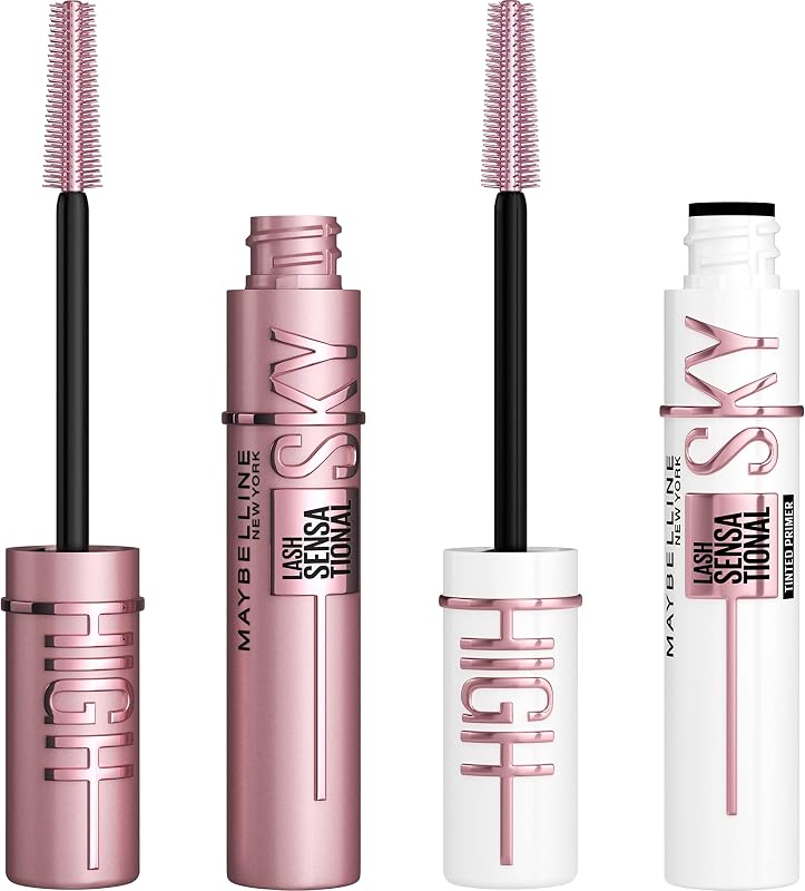 Lash Sensational Sky High Washable Mascara + Boosting Lash Primer Makeup Bundle, Includes 1 Mascara in Blackest Black and 1 Eyelash Primer in Soft Black