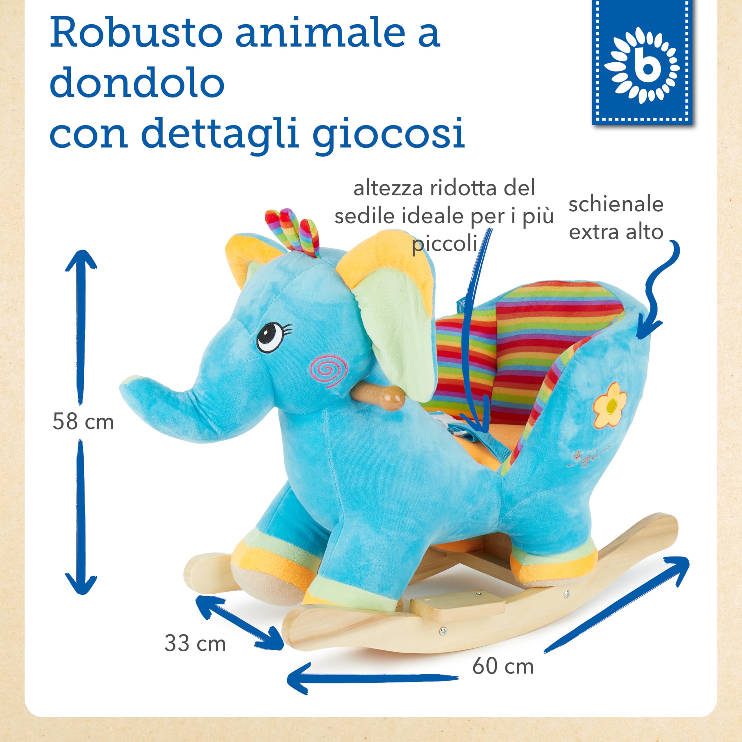 Bieco Pluche schommeldier, olifant, kinderschommelstoel met veiligheidsgordel, babyschommel, kleine kinderen, schommeldier, babykamer, schommelwip vanaf 9 maanden, houten hobbelpaard
