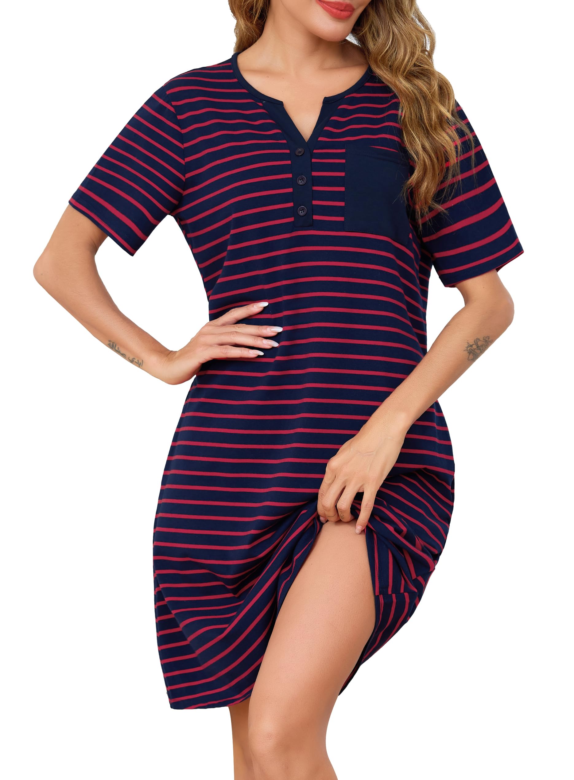 Lovasy Nachthemd Damen Baumwolle Kurzarm V Ausschnitt Gestreift Nachthemd mit Knöpfen Damen Sommer Nachtkleid Schlafshirt mit Taschen