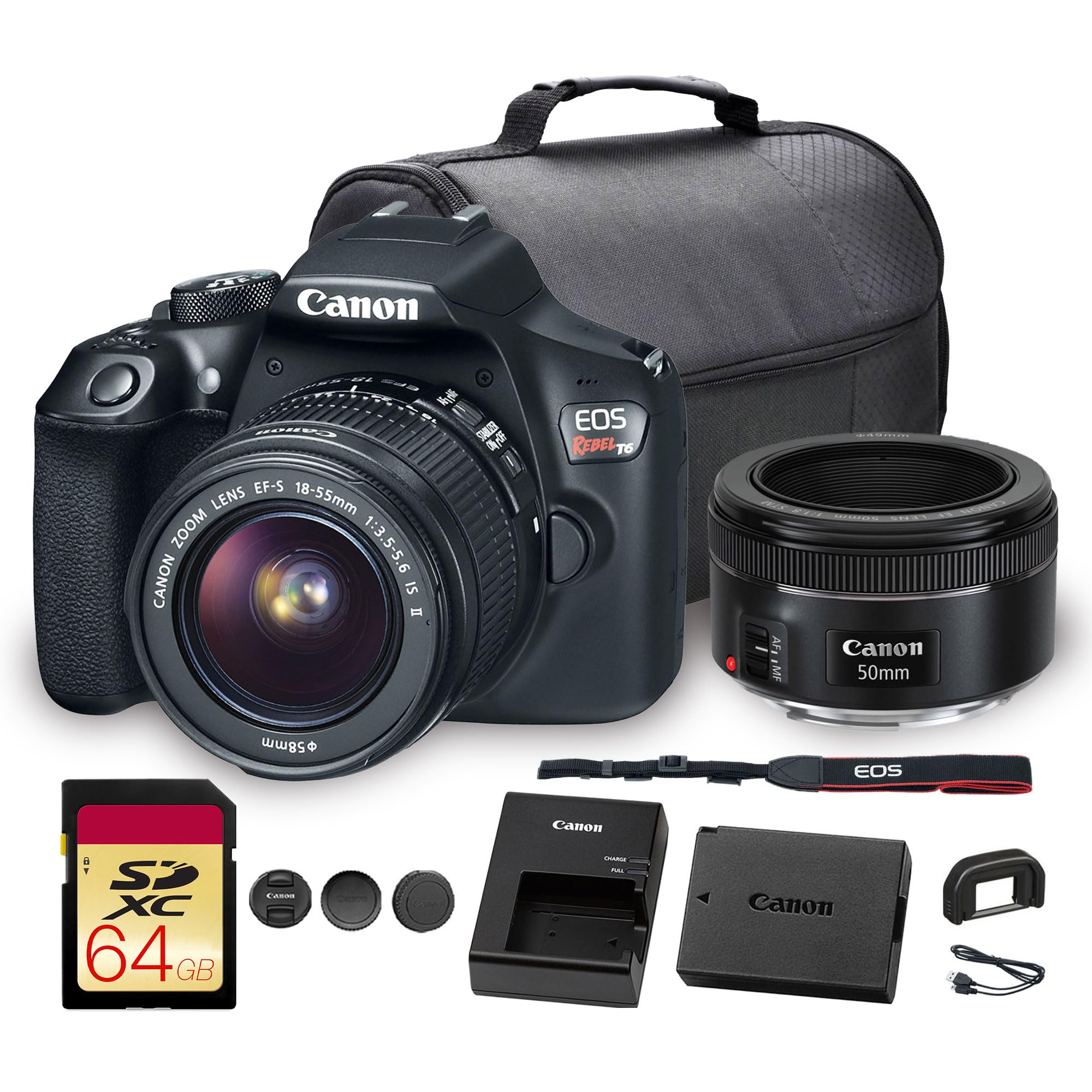 Canon EOS Rebel T6 DSLR Camera with 18-55mm Lens | 18MP APS-C CMOS Sensor, Built-in Wi-Fi & Full HD Video | for Beginners, Travel & Everyday Photography (1159C003) + EF 50mm f/1.8 STM Lens + More