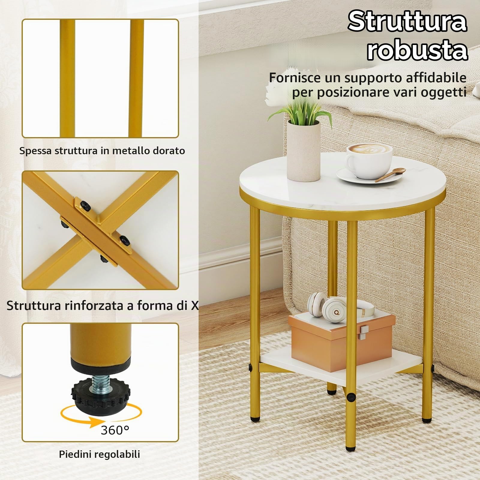 LIFEZEAL Tavolino rotondo moderno con ripiano in marmo sintetico e ripiano in metallo robusto a due livelli per soggiorno, camera da letto e ufficio