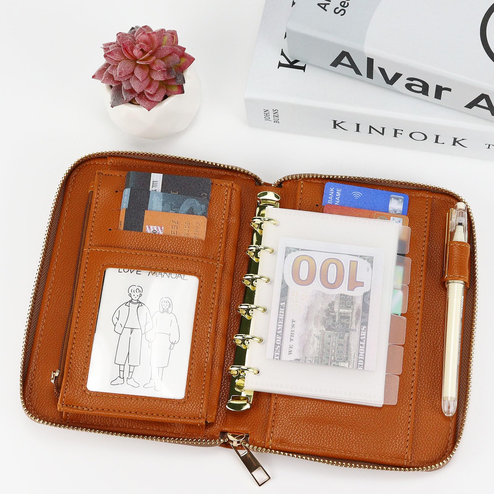 A6 Budget Binder Planner Set Geldbesparende Portemonnee Cash Organizer 6 Ring Lederen Notitieboek met 8 Transparante Enveloppen 12 Budget Vellen 45 Gelinieerd Papier 14 Maandplanners 5 Diversen 19