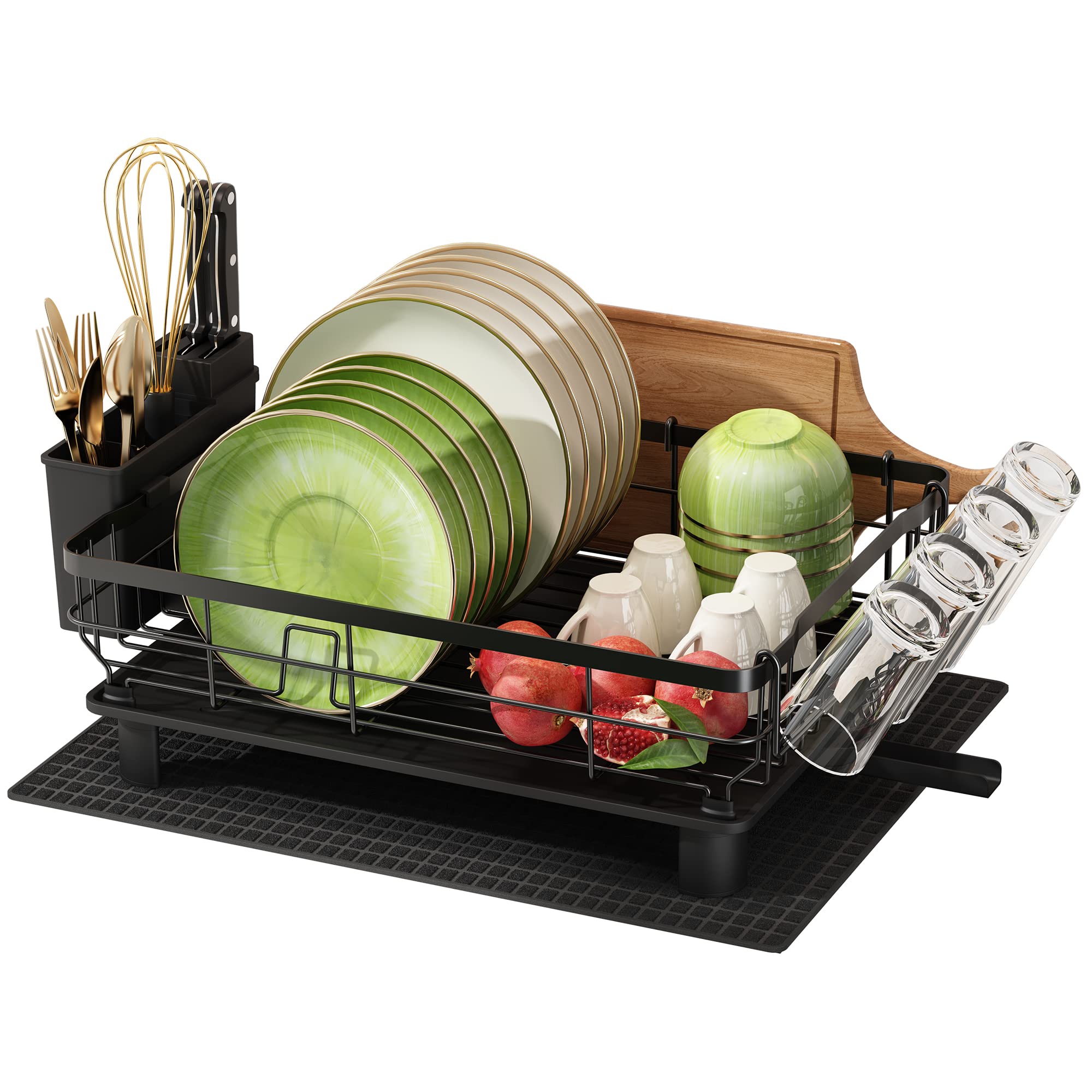 Boosiny Dish Drying Rack with Drainboard Set, Stainless Steel Dish Drying Stand for Kitchen Counter, Dish Rack with Utensil Holder, 360° Swivel Spout and Extra Dryer Mat, Black