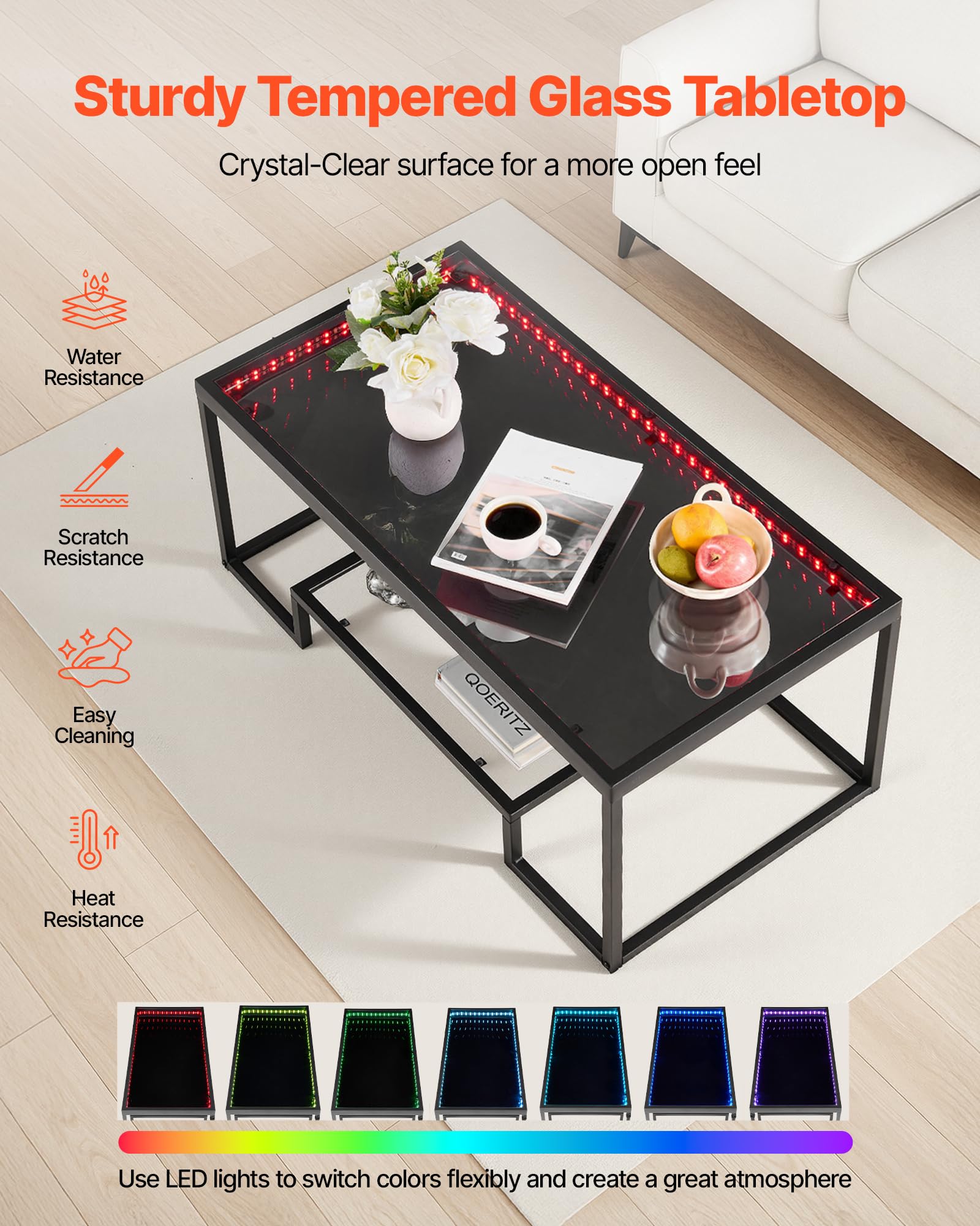 VEVOR Tavolino da Caffè da 100 x 51 x 48 cm in Vetro e Metallo Temperato con Illuminazione, Tavolo Rettangolare con Due Livelli e Spazio di Archiviazione Aperto, per Soggiorno Ufficio Nero