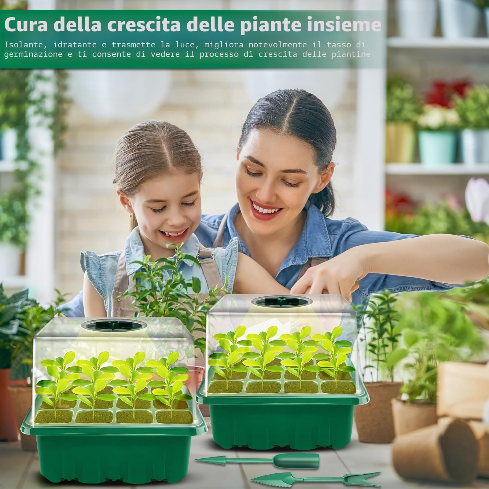 Mini Serra Germinazione, Set di 5 Vassoi per Germinazione Mini Serre con Luce per Piante,Vassoi per Coltivazione con Coperchio,10 Etichette,2 Strumenti,Guanti, Piantine Vassoio di Germinazione