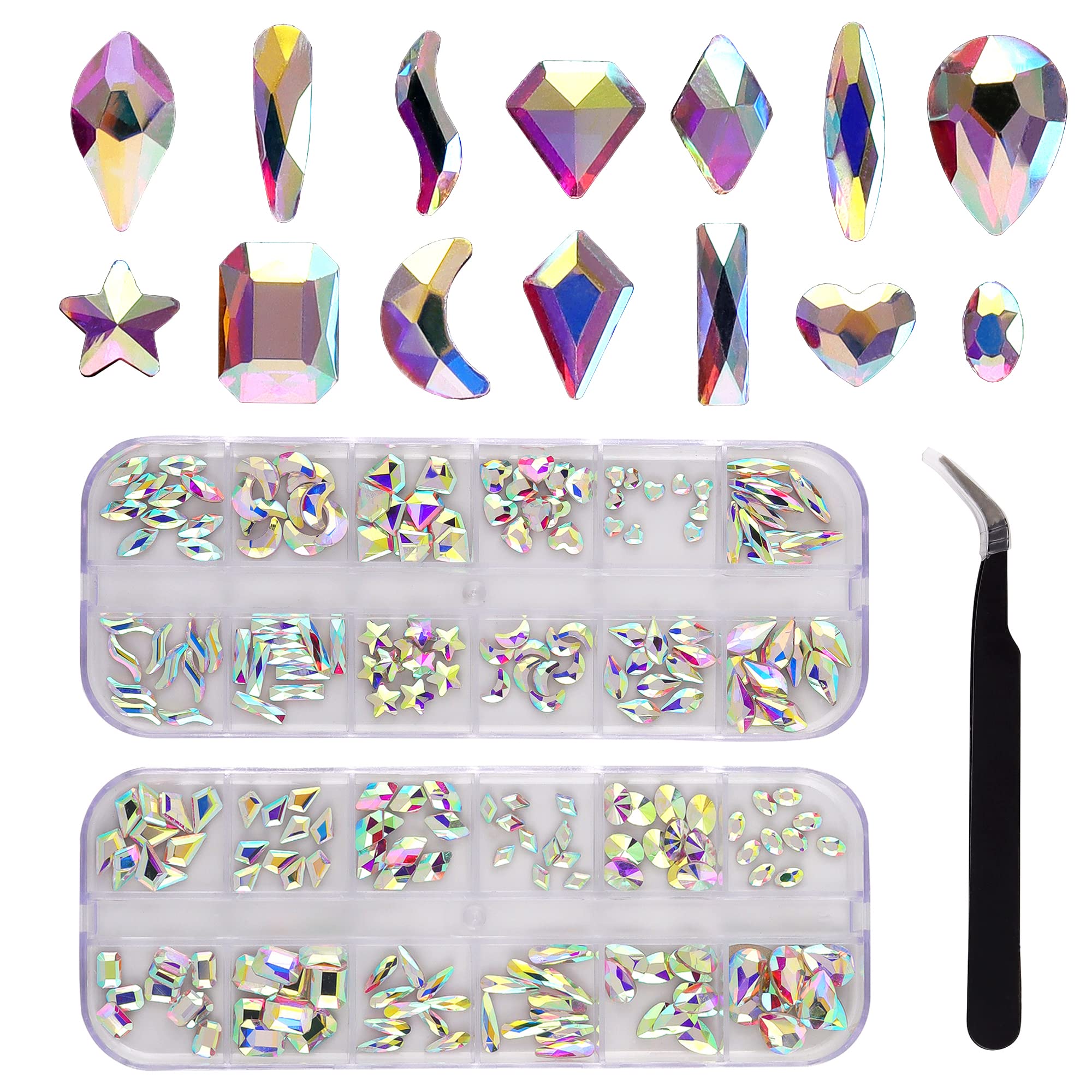 240pcs Popular Multi Shaped AB Crystal Rhinestones for Nail Art, Flatback Glass Nail Gem Diamond Rhinestones for Acrylic Nails Art Bling Jewels Stones Rhinestones Kit Set Box