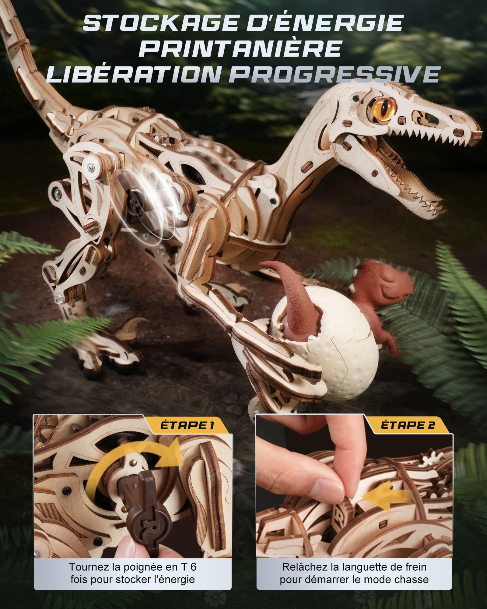 ROKR Puzzle 3D Bois Jouets de Dinosaures, Maquette en Bois a Construire Adulte Vélociraptor, Puzzle 3D Animal Marcheur Cadeaux pour Enfants et Adultes, Velociraptor, LD01