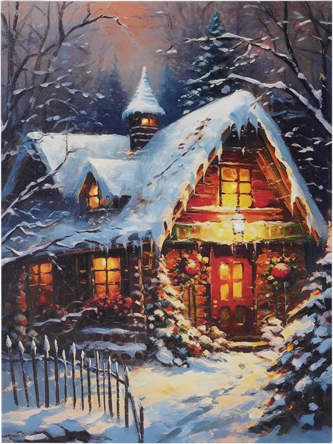SOFFEE DESIGN 12'' x 16'' LED Christmas Canvas Prints Wall Art, Light Up Snowy Scene Wall Hanging Picture for Holiday Decor, Battery Operated - Warm House in Forest