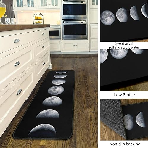 Miniatura 5 de Moon - Juego de 2 alfombras de cocina, antideslizantes, color negro, alfombra de pasillo para decoración de suelo de cocina, 17 x 47 + 17 x 30