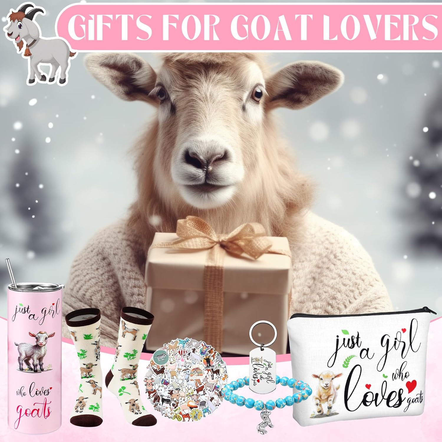 Geiserailie 6 Pcs Valentines Goat Gifts for Lovers Goat Present Set Include 100 Stickers a Pair of Socks Keychain Bracelet Makeup Bag and Tumbler Funny Gift for Animal Lovers Women Friend Life Present - Image 5