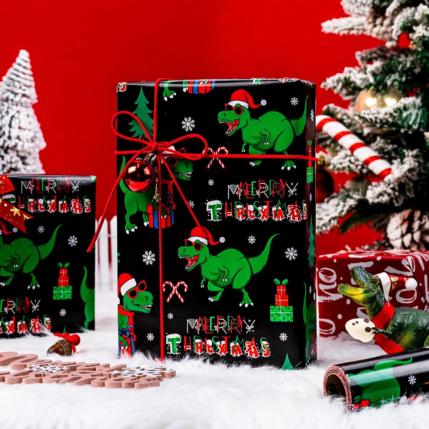 Homeral Dinosaur Christmas Wrapping Paper Roll for Kids - Black Cool Dinosaur with Decorations & Red Letters Reversible Gift Wrap for Christmas, New Year Celebration - Mini Roll - 17 Inch x 33 Feet image 2