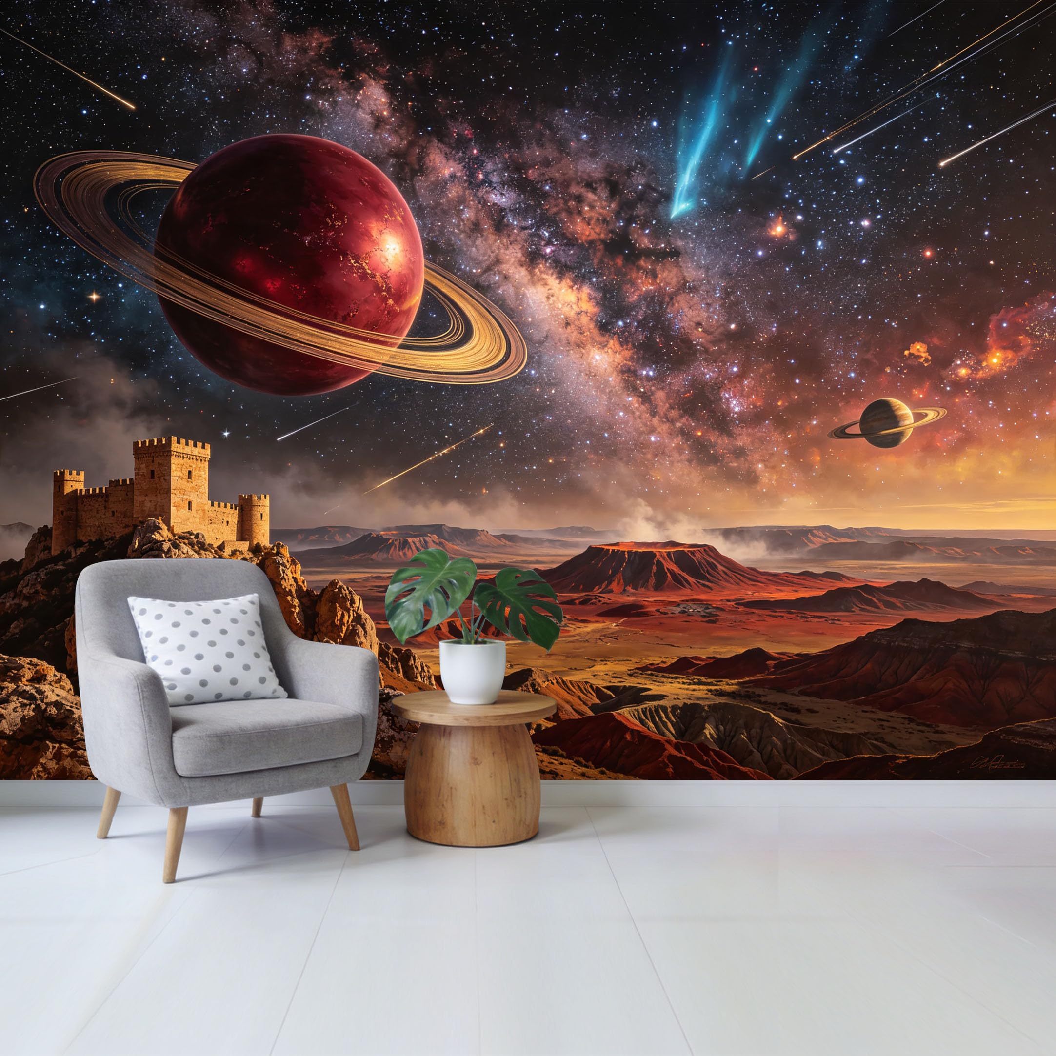 Custom Size Wall Mural Cosmic Castle Landscape with Saturn Rings and Shooting Stars Removable Self Adhesive Fabric Home Wall Decor for Living Room Bedroom Bathroom