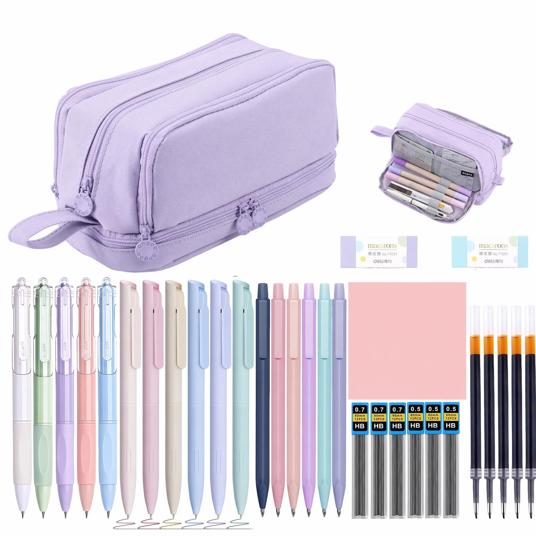 32Pcs Aesthetic School Stationery Set, Pencil Case With Stationary Included 6 Colour Pens, 5 Black Gel Pens, 6 Mechanical Pencils, 2 Erasers, Sticky Notes, Back To School Supplies Girls (Purple)