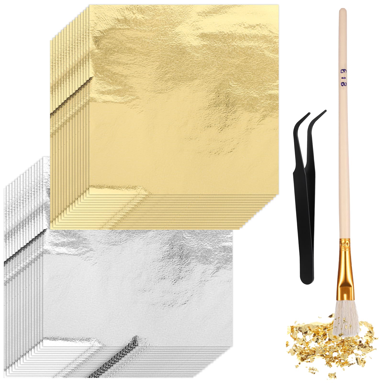 100 Pcs Gold Leaf Sheets for Art Foil Paper, 2 Colors Gold Foils Sheets, Foil Paper Art Foils Sheet for Resin Gilding Crafting Nails Furniture Home Decor with Tweezer & Brush, 5.5" X 5.5"(Gold&Silver)-image-31