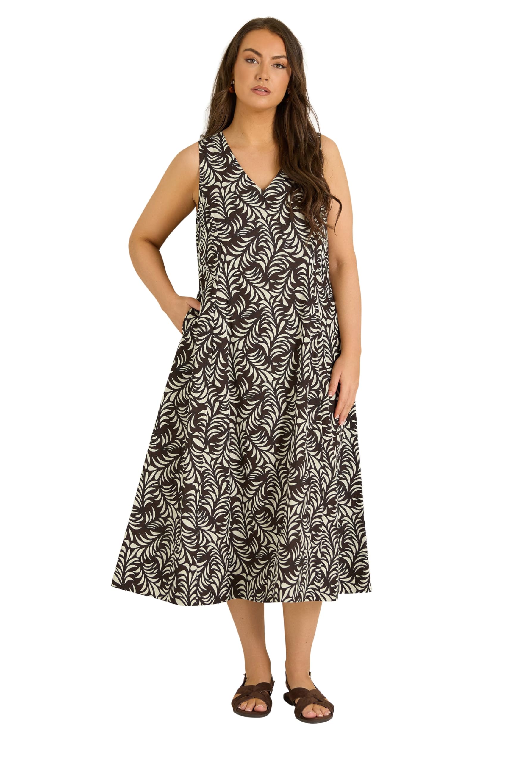 Evans Women's Chocolate Curve Brown Linen Leaf Print Maxi Dress - Plus Size Curve