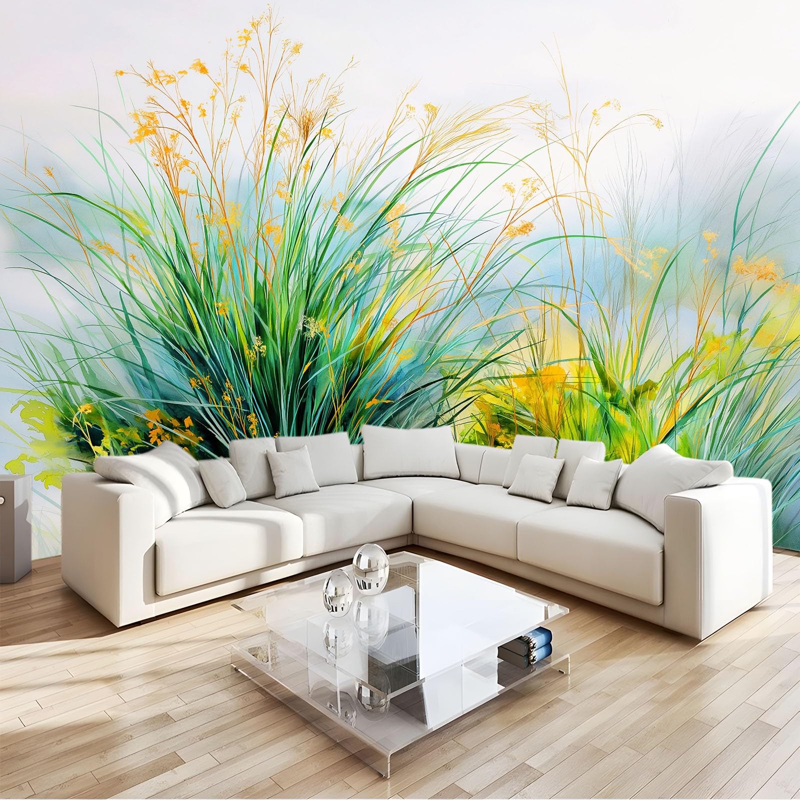 Fototapeta ścienna, natura, trawa, dzikie pola, mgła, nastrojowa, 200 x 140 cm, tapeta z włókniny premium, zielona, do sypialni, korytarza, salonu, salonu (nie samoprzylepna)
