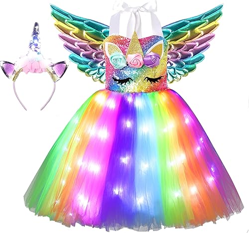 Soyoekbt Girls Unicorn Costume LED Light Up Unicorn Dress Birthday Party Princess Dress for Halloween Party
