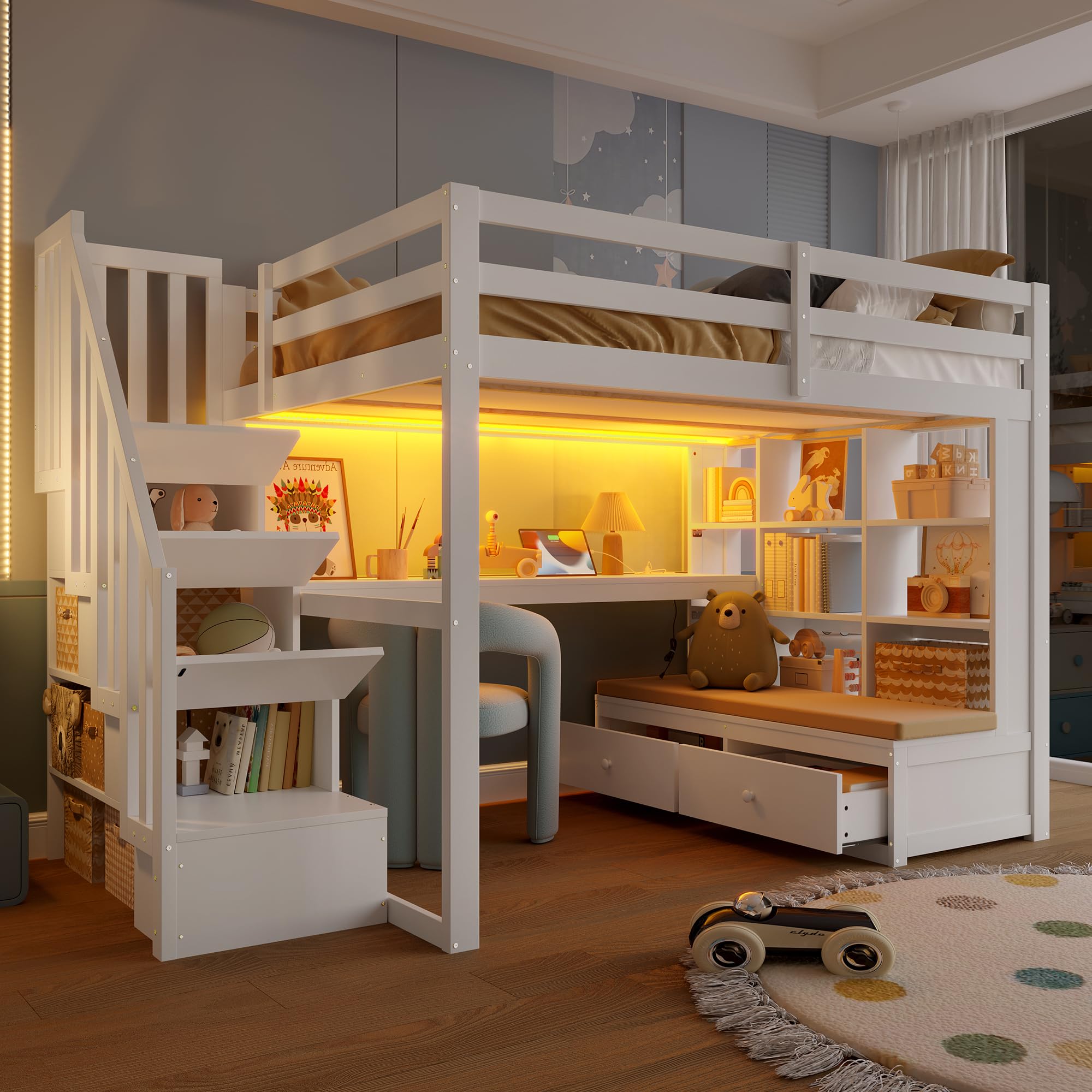 Lettino per bambini 140 x 200 cm, letto a soppalco con scrivania e scaffali, due cassetti integrati, scala di archiviazione, letto per ragazzi e ragazze, bianco
