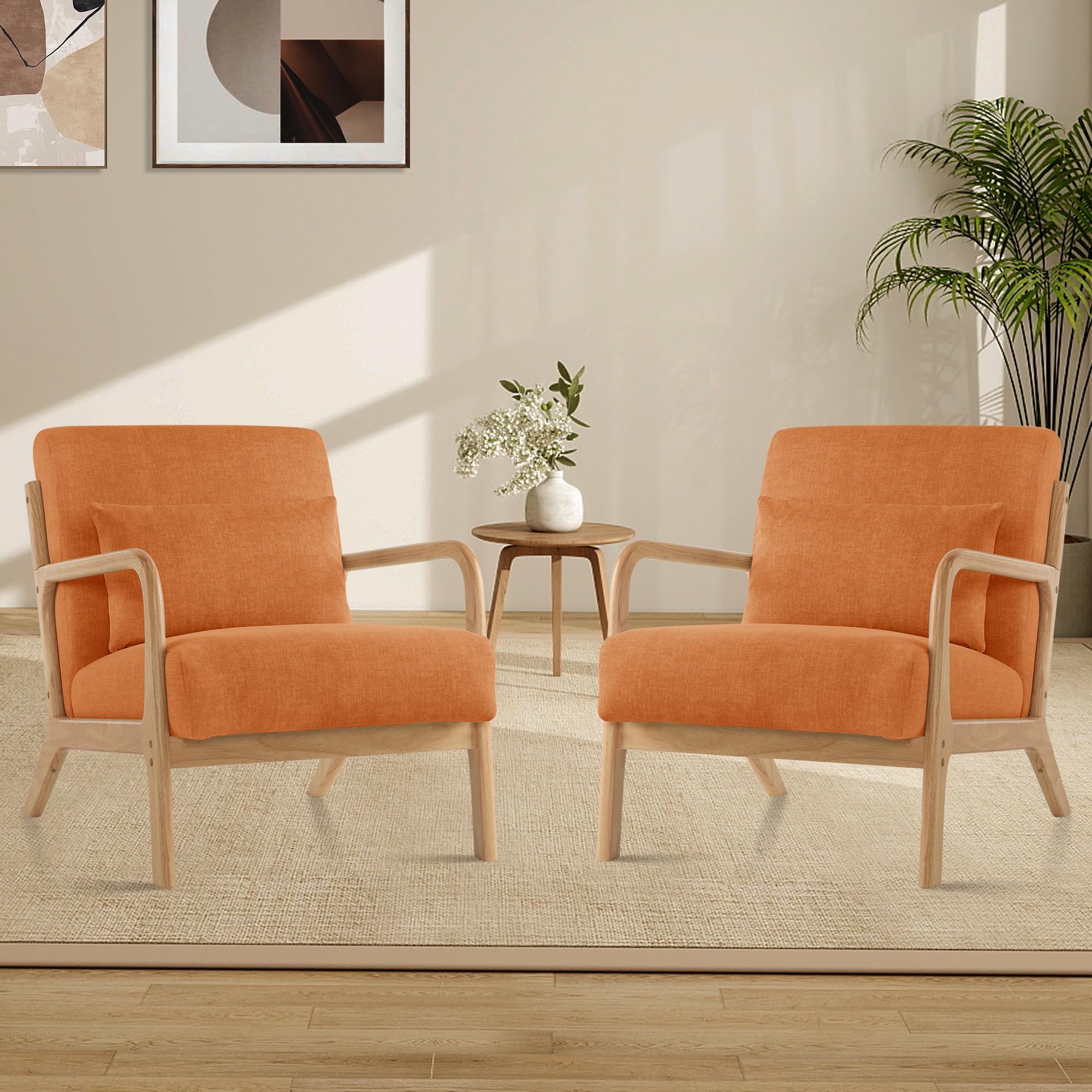 Aunekiv Midcentury Modern Accent Chair Living Room Armchair with Pillow, Upholstered Comfy Reading Chair with Solid Wood Frame for Small Spaces Bedroom Apartment Balcony, Orange-Set of 2