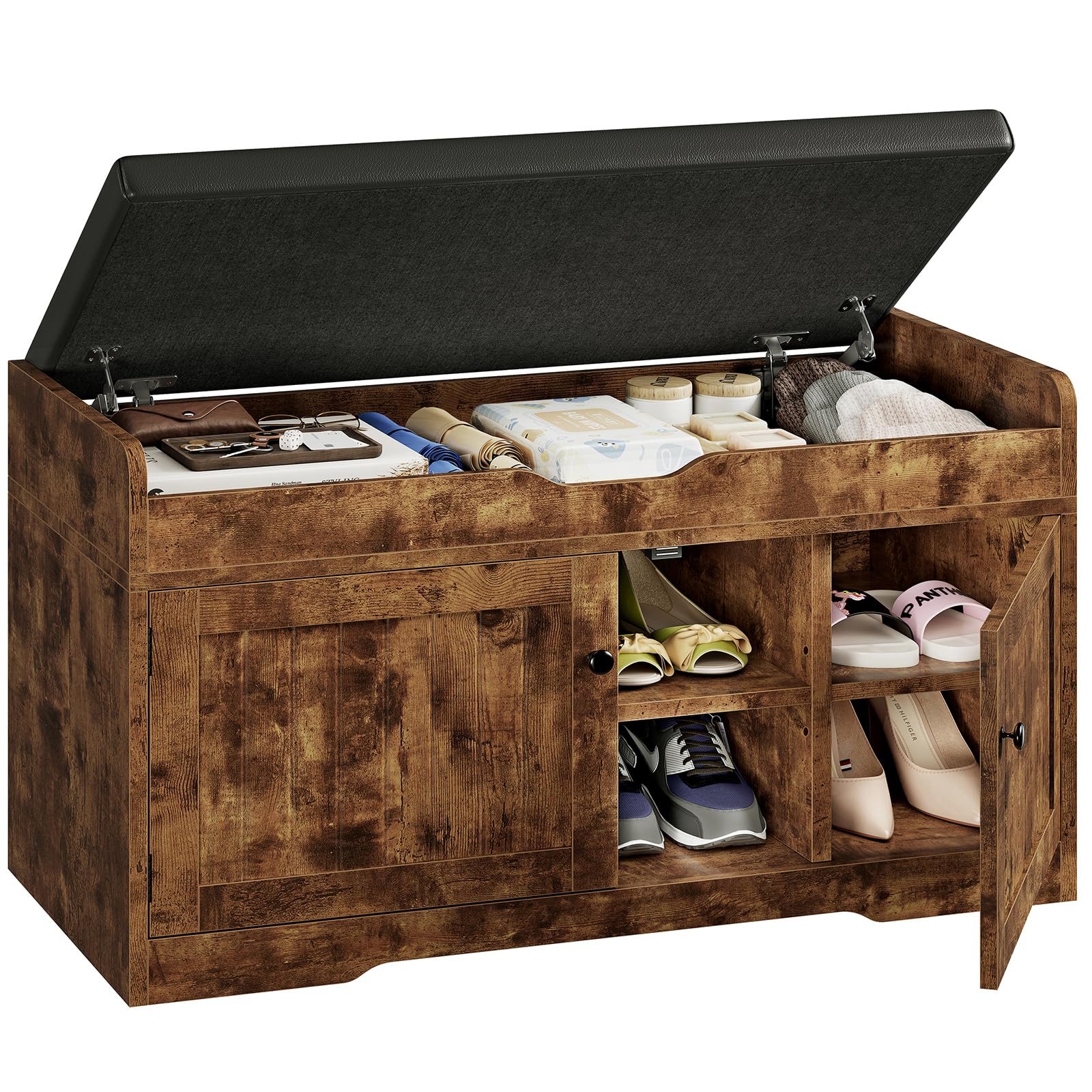 TEENFON 92 cm (B) Schuhbank mit Sitzfläche & Schuhschrank mit Sitzbank – Sitzbank mit Stauraum, Polster, verstellbare Böden, verdecktes Fach, Belastbar 136 kg, Retro-Braun, 92×35×50 cm