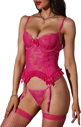 Donnalla Sexy Lingerie for Women Floral Lace Bodysuit Garter Lingerie Set Teddy with Panty Stockings Rose Red, Medium