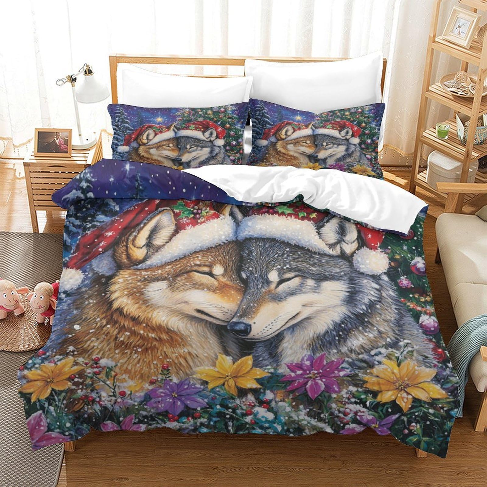 lupi di Natale Impressione 3D 3 pz cover piumone arte della fauna selvatica in vacanza coperteletto microfibra morbida ipoallergenica per adolescenti uomini adulti Double（200x200cm）