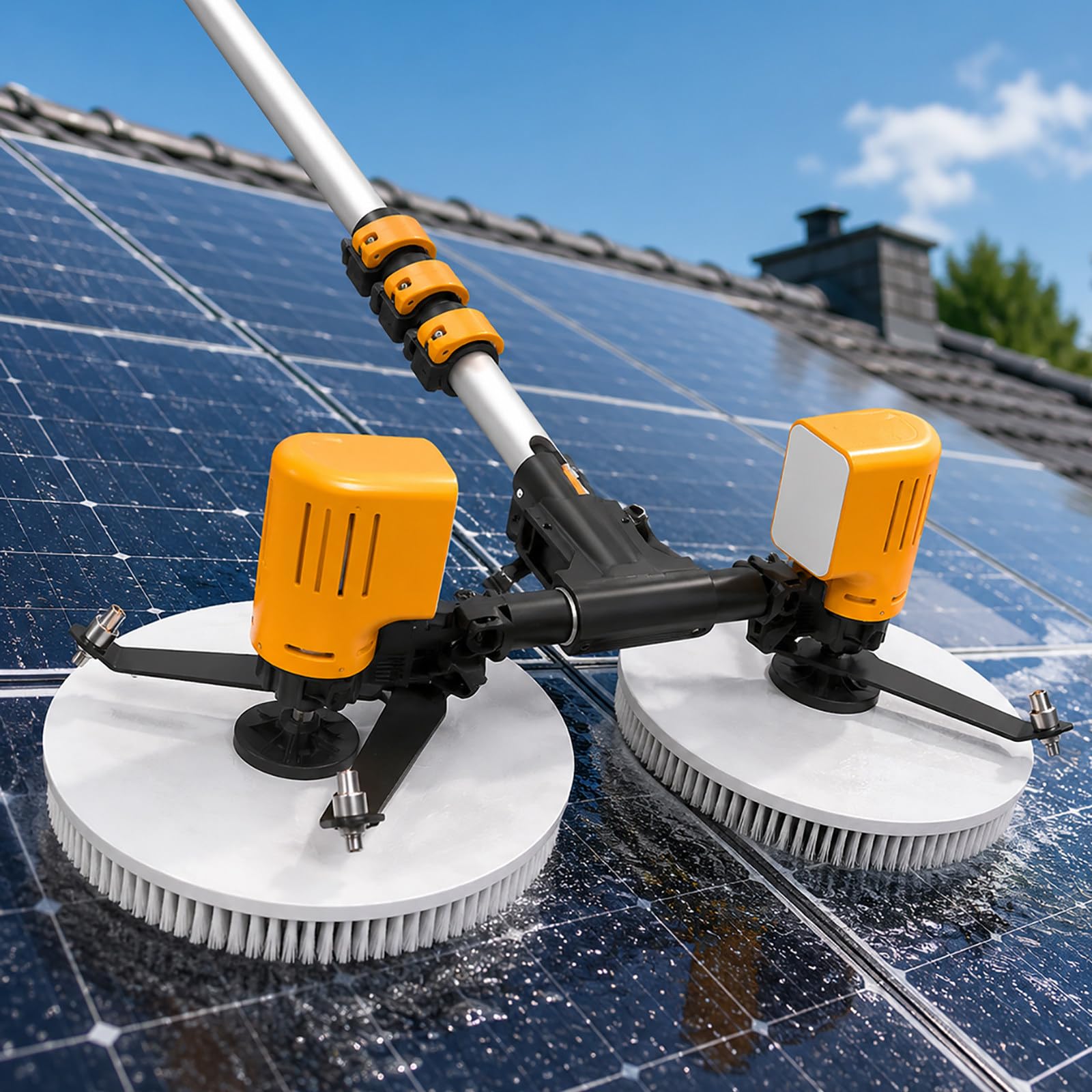 vnmudzeo Solar Farm Panel Cleaning Brush, Dual Head Electric Cleaner – Long Reach Telescopic Pole System for Large Photovoltaic Installations 7.5m(24.6ft)