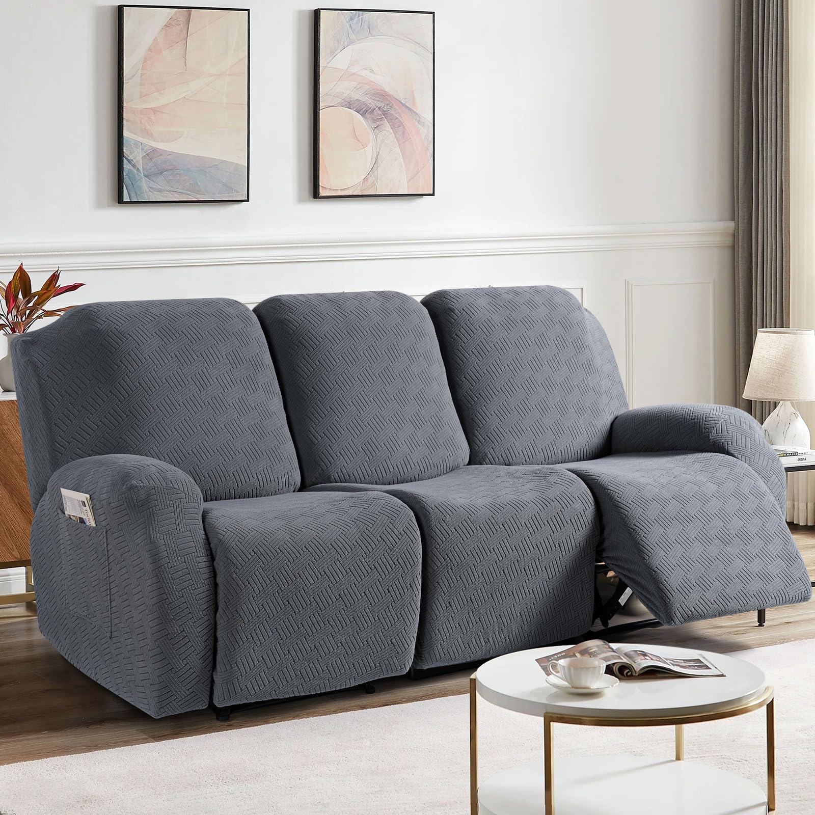 KinCam Funda Sillon Relax reclinable, Funda para Sillón Relax de Jacquard, Funda Sillon orejero Funda Elástica con Bolsillo para Perros y Mascotas, Suave y Lavable Funda Sofa 3 plazas Gris Oscuro