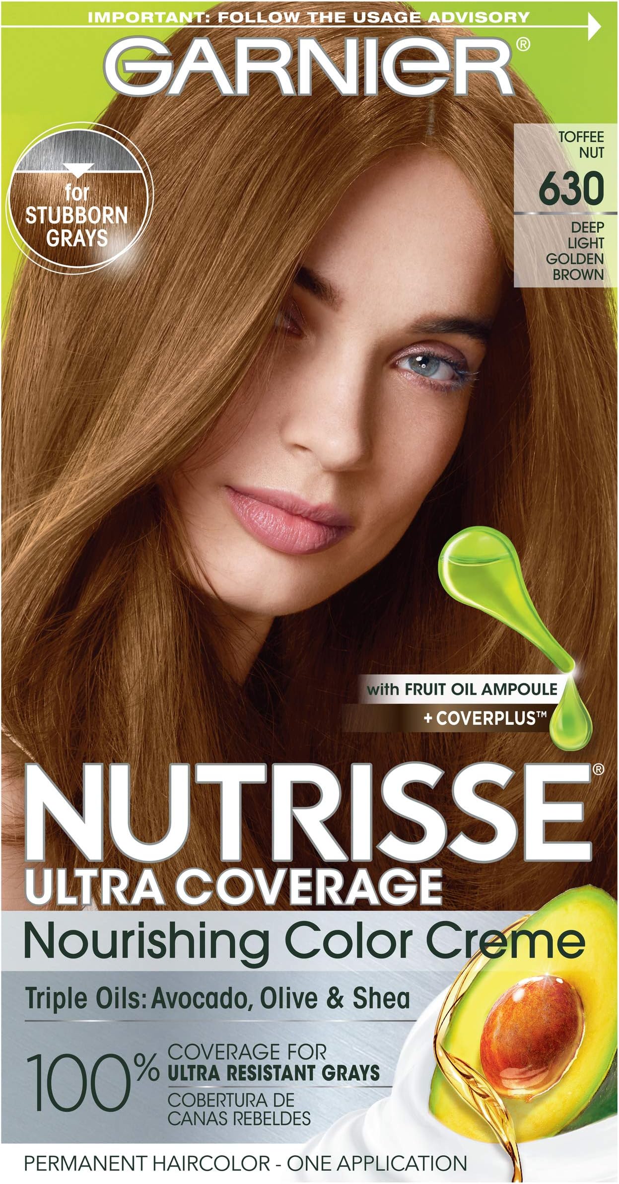 Garnier Hair Color Nutrisse Ultra Coverage Nourishing Creme, 630 Deep Light Golden Brown (Toffee Nut) Permanent Hair Dye, 1 Count (Packaging May Vary)