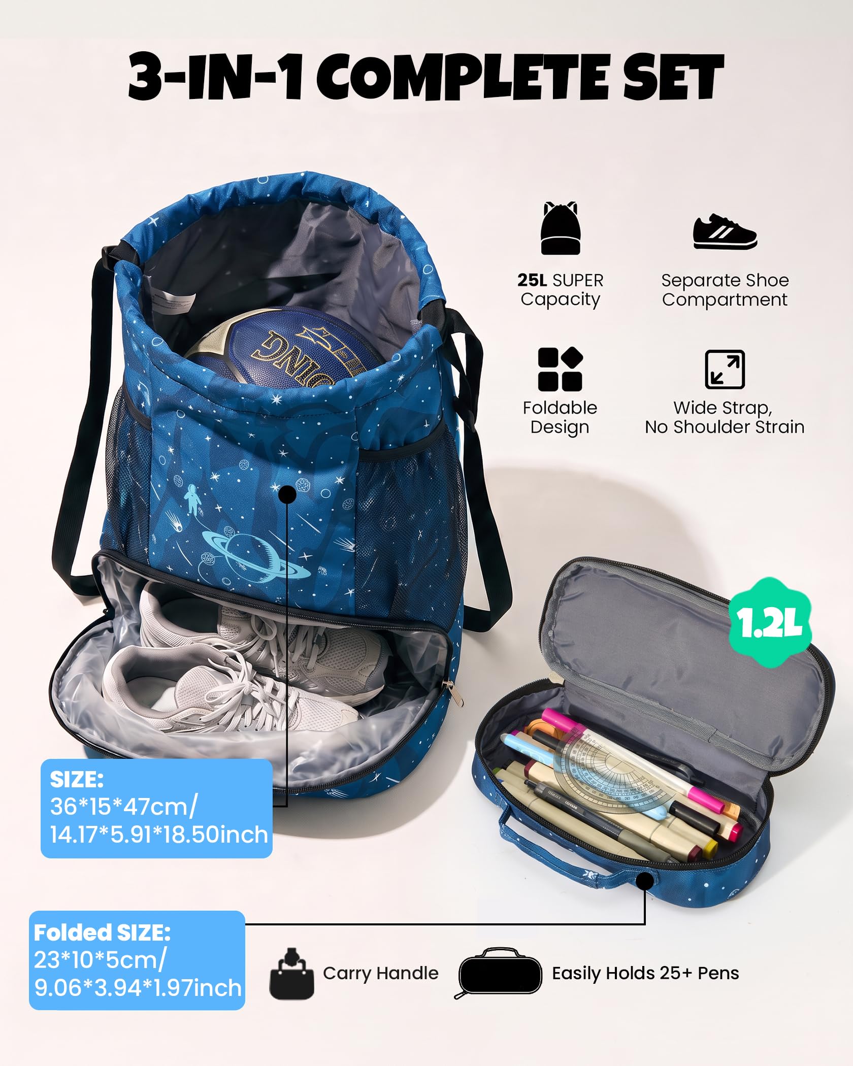 Amythe Cartable Ergonomique Garçon Set 3 Pièces CP-CM2, Ceinture Amovible | Enfant Sac à Cordon Chaussures, Pochette Compartimentée, Boucle de Poitrine, Bandes Réfléchissantes, Housse de Pluie