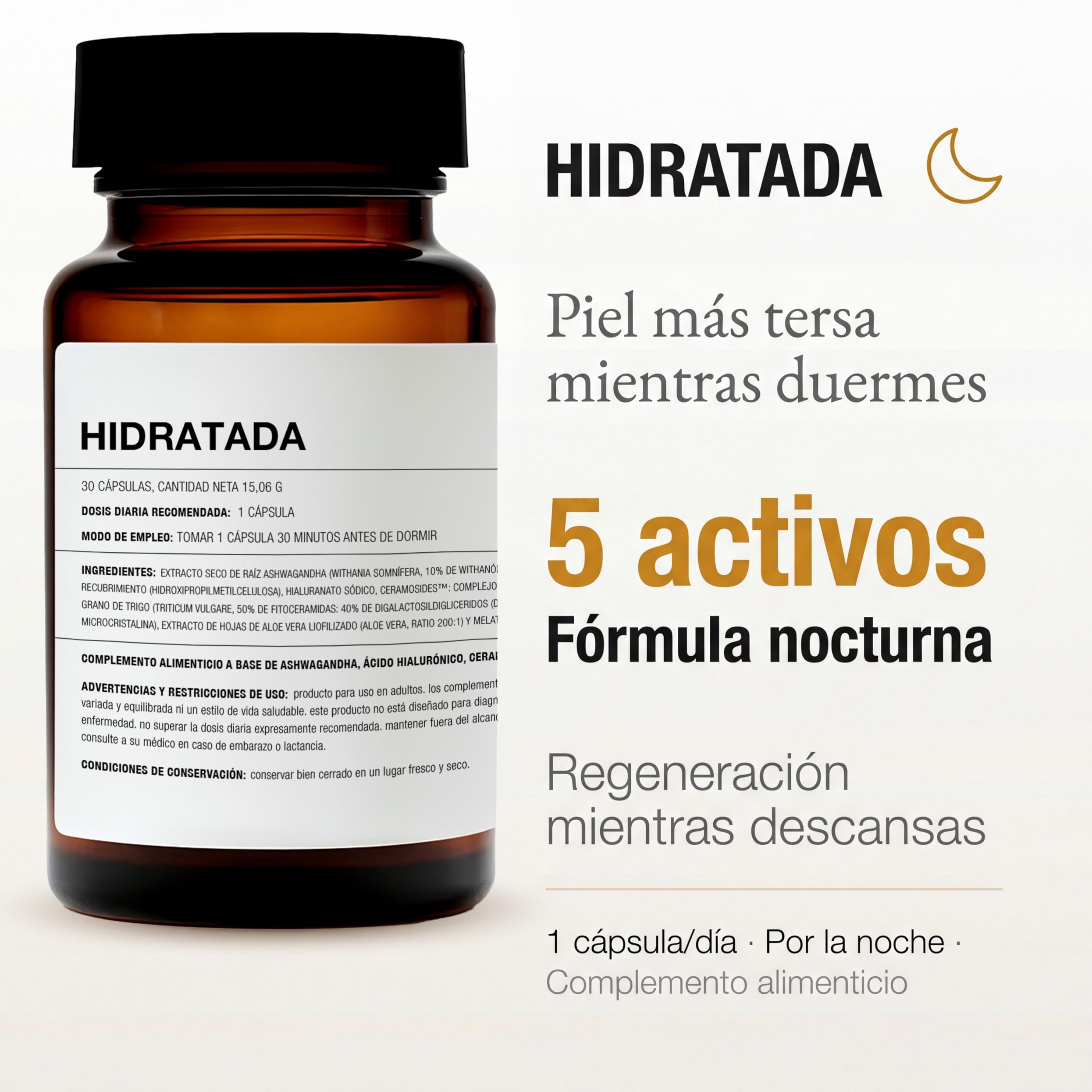 afrodite HIDRATADA Nutricosmético Nocturno - Suplemento para la Piel con Ácido Hialurónico y Ceramidas - Ayuda a la Hidratación, Firmeza y Descanso (1 Mes 30 Capsulas)