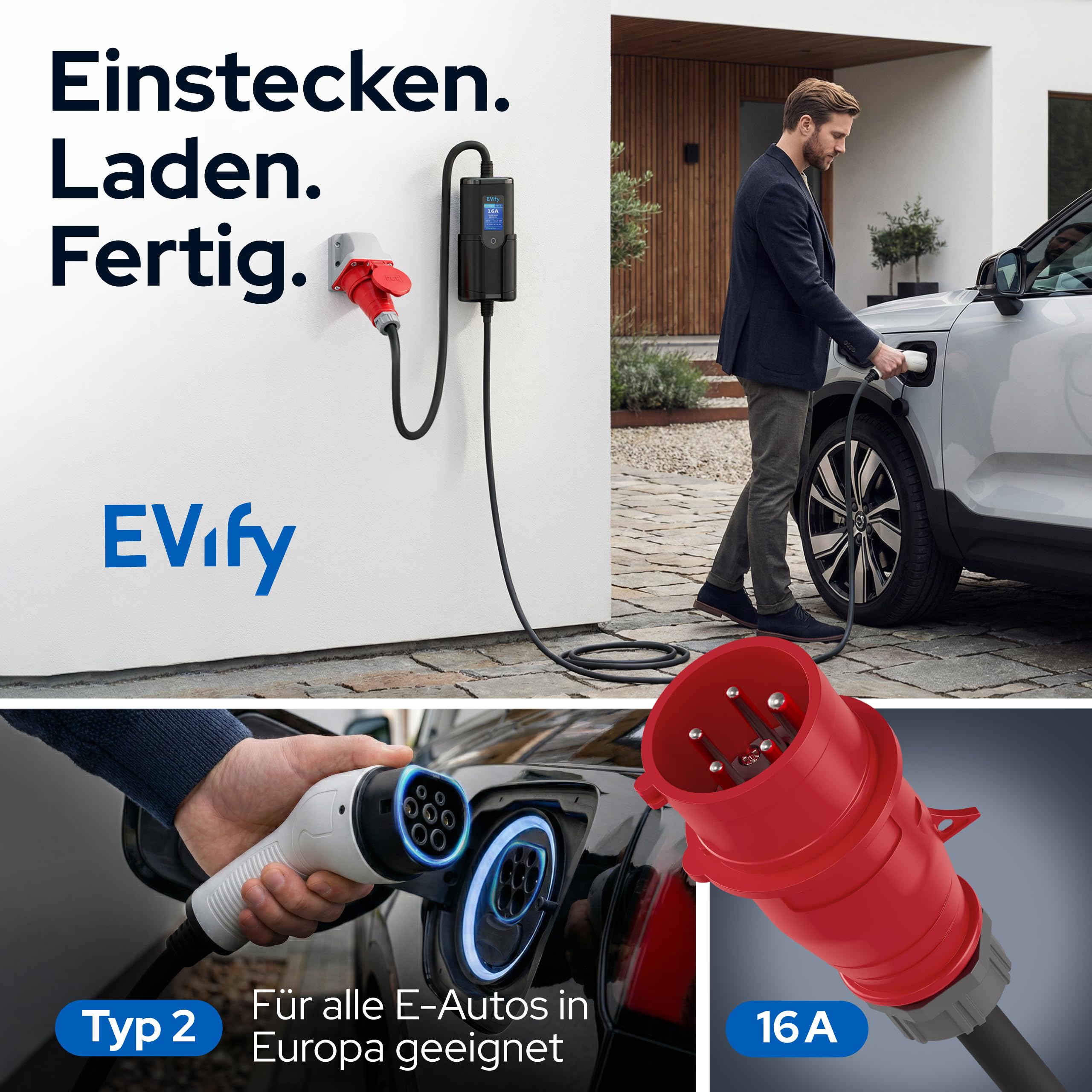 Mobile Wallbox 11kW Ladegerät Typ 2 - Ladekabel CEE 16a auf Typ 2 3-Phasig 5M, Ladegerät Ladeleistung einstellbar, Mobile Ladestation, Ladekabel E Auto Starkstrom, EV Charger 11kW mit Tasche